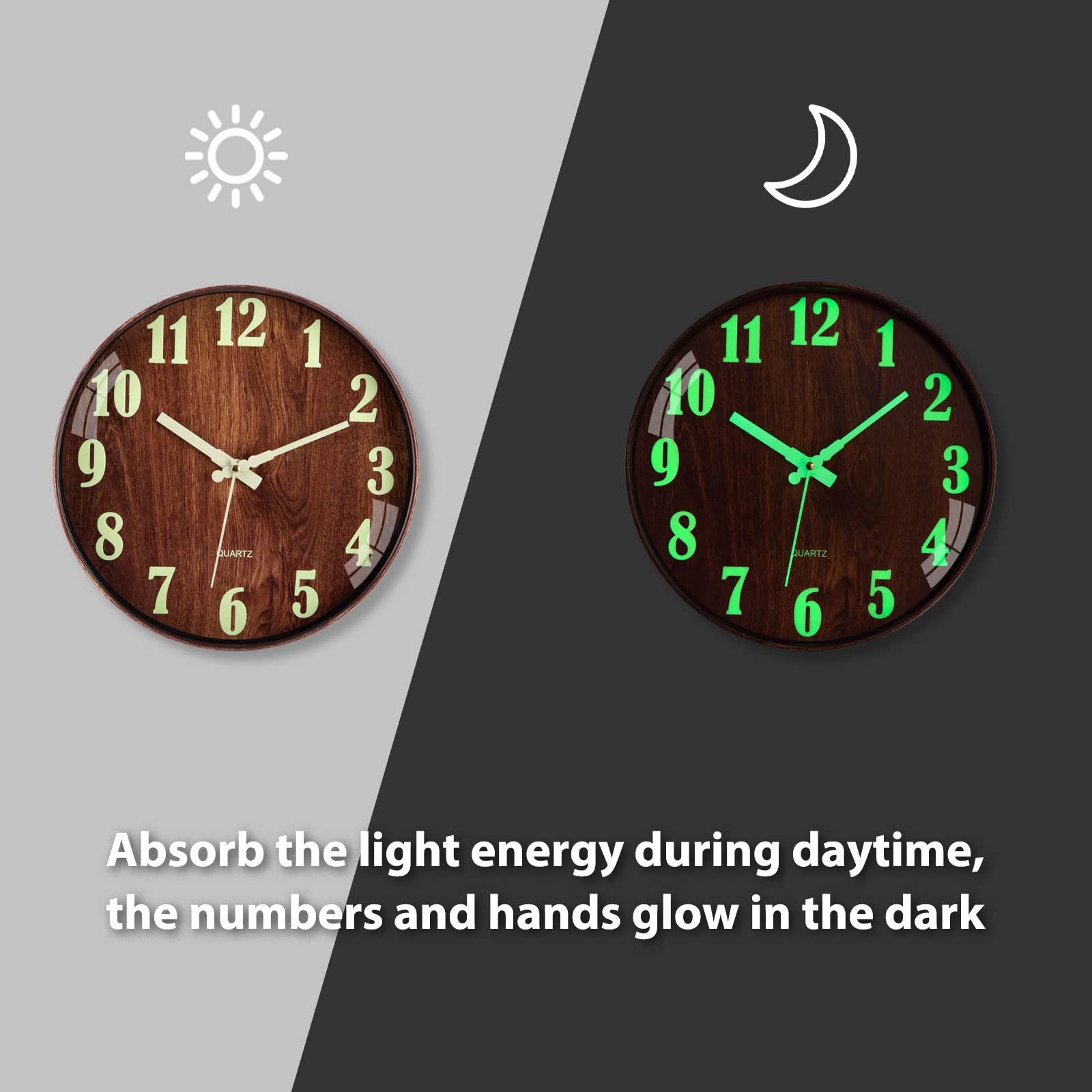 ZUJI 12" Horloge Murale Lumineuse Fluorescente Horloge Murale En Bois