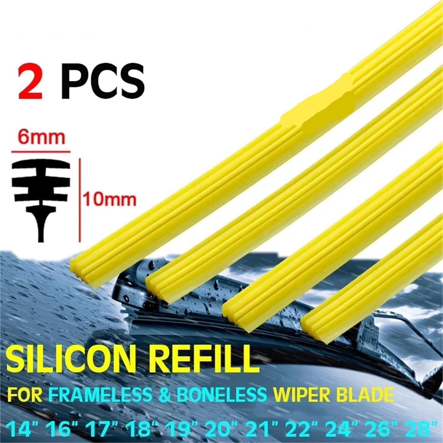 2 PCS Car Wiper Blade Silica Gel Silicon Refill Strips Boneless Wipers 6mm 14"16"17"18"19"20"21"22"24"26"28"30"32"(2pcs 14 inch)