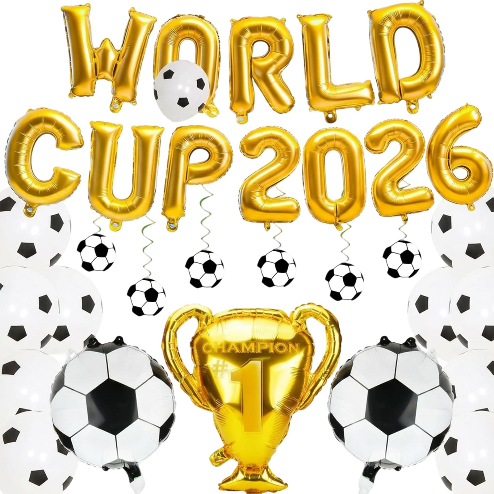 World Football Cup Game Party Decorations, Hanging Swirls, Gold Championship Shape Balloon, For Bar, Office, Home Party Celebration World 2026 Football Cup Decorations