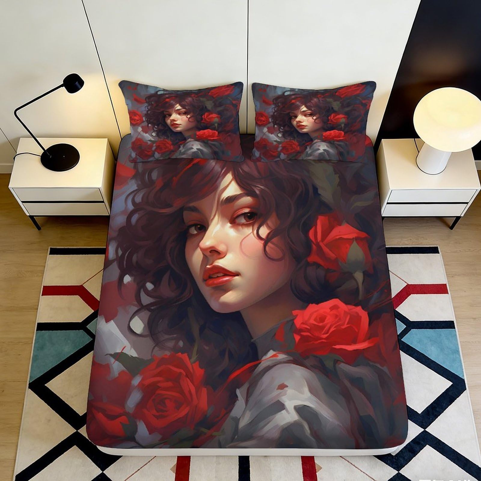 3D Printed Red Rose Portrait Fitted Sheet Microfiber Soft Decor Artistic Bed Cover for Bedroom Guest Room Mattress Protection 180x200x25cm