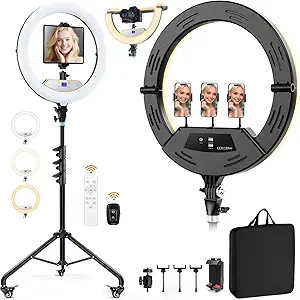 18" Foldable Ring Light with Stand for iPhone ipad Camera, 75" Tripod with Wheels 38W 6500K LED Display/Remote/2 USB Ports Large Big Ringlight Rolling for YouTube Facebook TikTok Live Video Recording