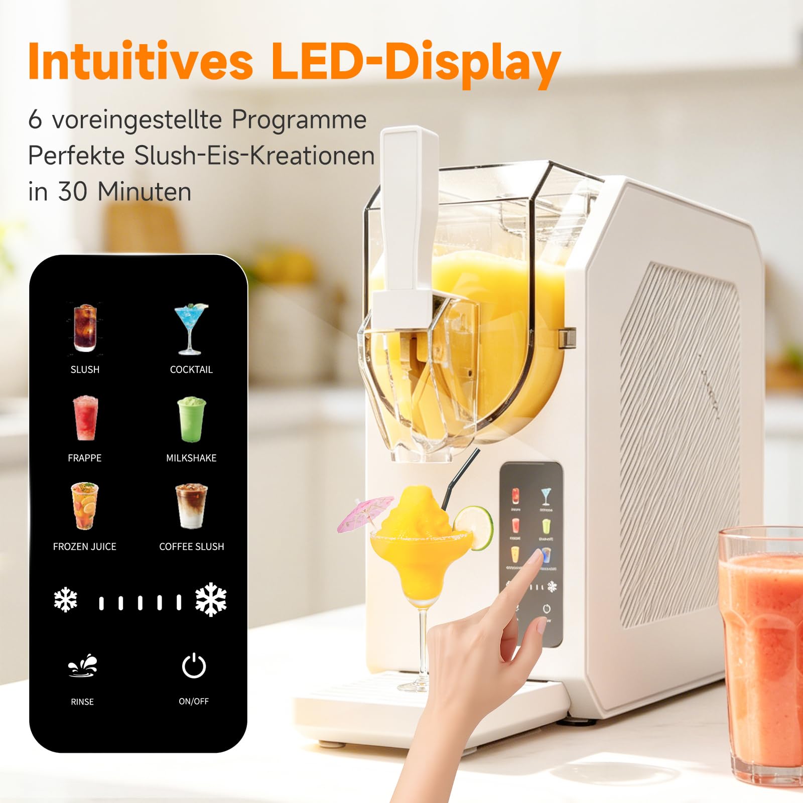 ALPICOOL Slush Maschine, 1.9L Slush Ice Maker für zu Hause, 6 Smarten Programma, für Slush, Eis-Cocktails, Frappés, Milchshakes, Turbo Freeze & Automatische Reinigung, kein Eis erforderlich, Weiß