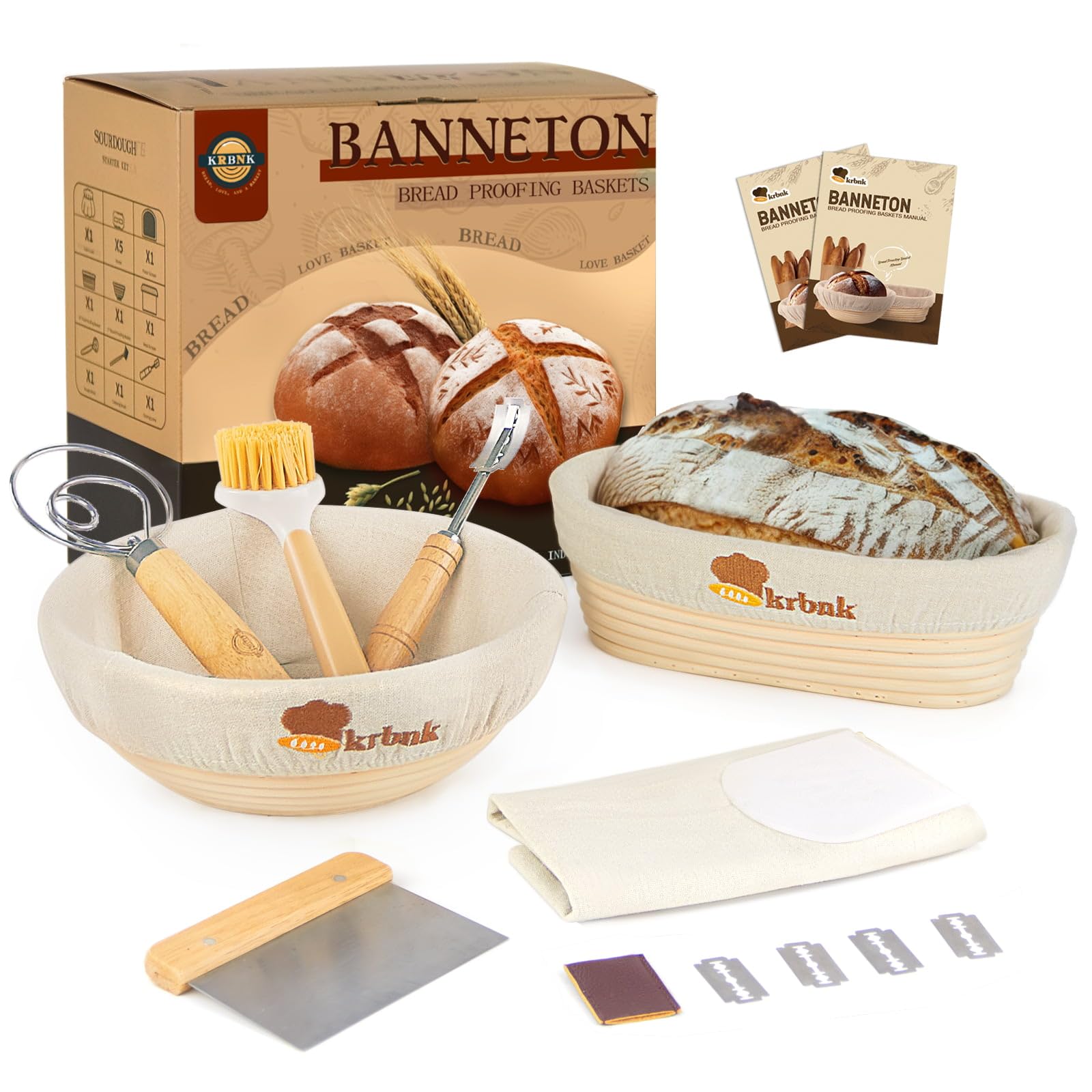 Banneton Bread Proofing Basket Set, Sourdough Starter Kit, 9" Round & 10" Oval Bannetons, Indonesian Rattan Sourdough Bread Baking Supplies, With Bread Making Tools Bread Lame Linen Liner