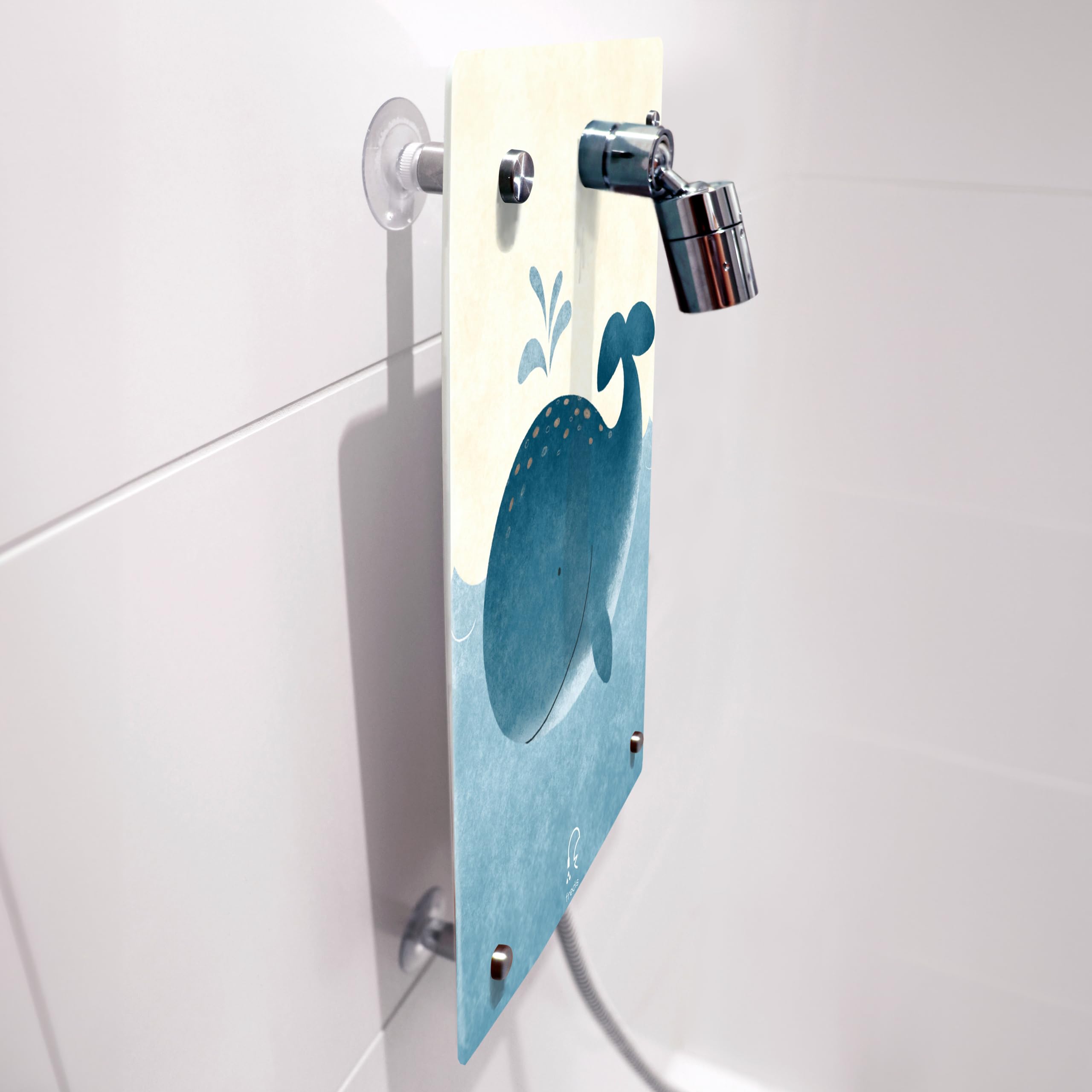 Fredis Kinder Dusche mit Motiv Wal, Flexible Duschwand mit Duschkopf, 2 verschiedene Strahlarten, Montage ohne Bohren