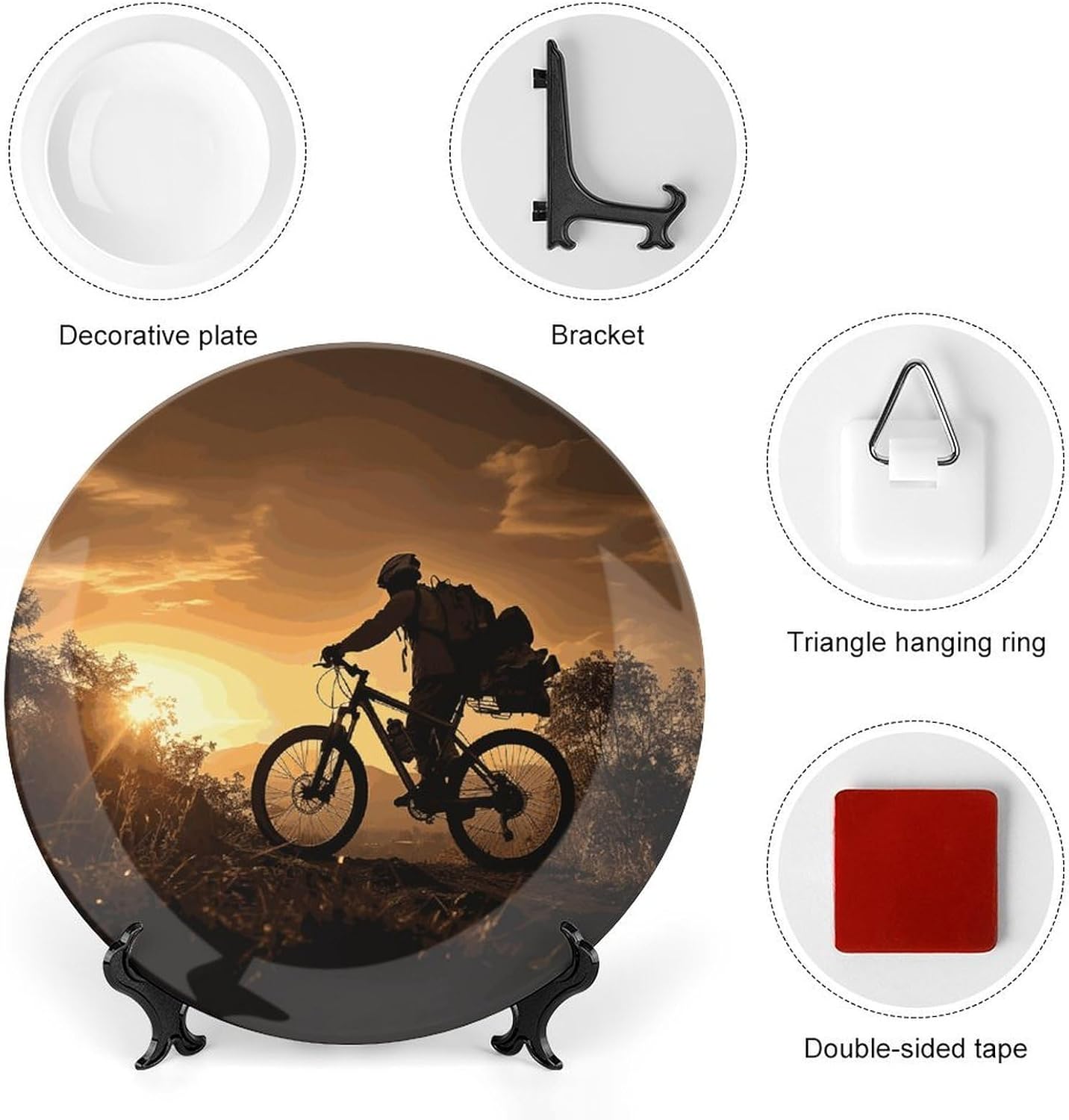 Mountain Bike in The Evening Decorative Plates for Display Round Porcelain Plate Living Room Table Ceramic Hanging Decorative Plate Art Decor for Living Room Table with 1 Display Stand 8inch