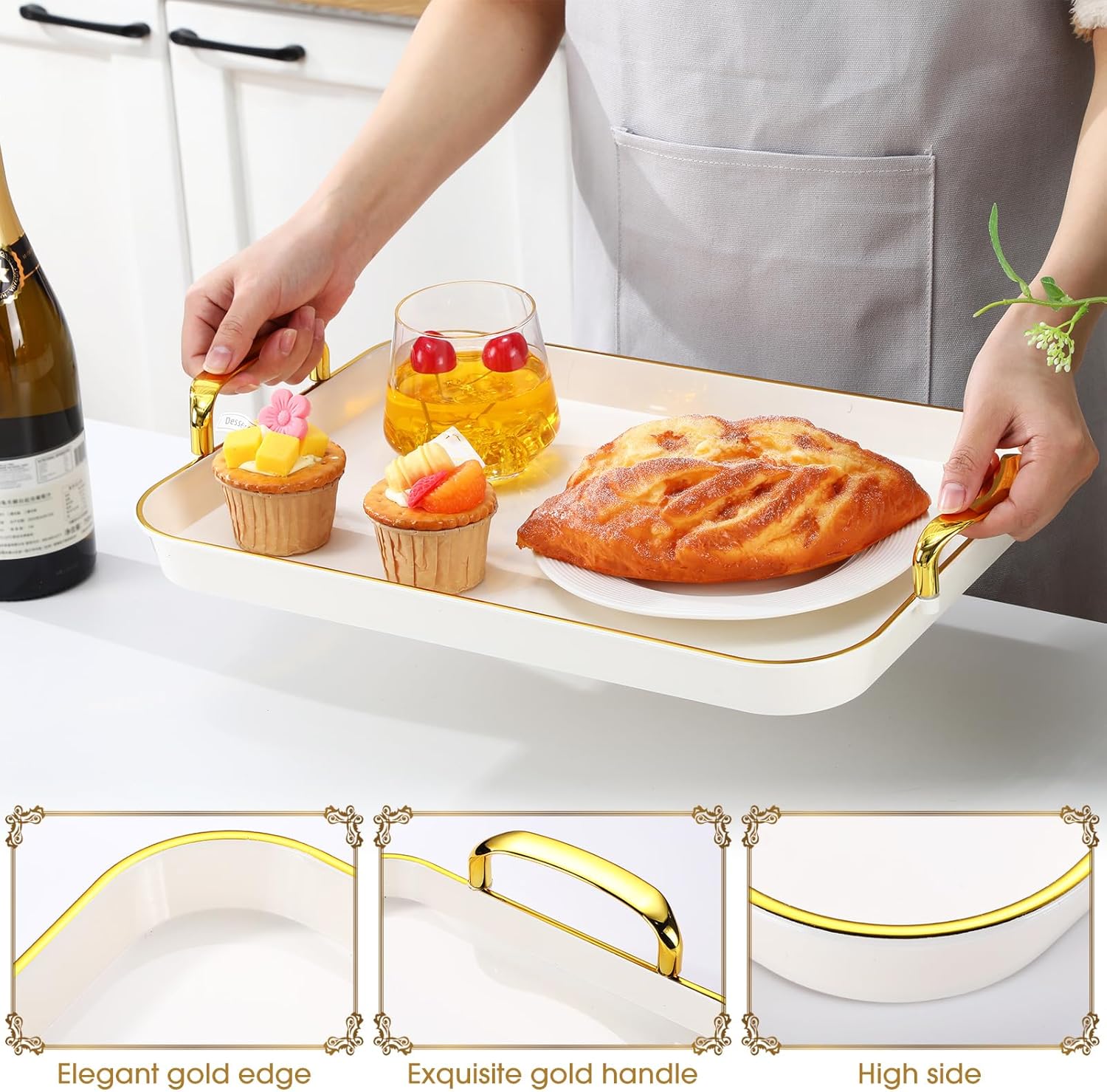 Rtteri Set of 6 Serving Platters with Handles 18.3/16.73/14.8 Inch Large Rectangular Serving Tray Reusable for Entertaining Dinner Party Wedding Decoration(Golden Handles,White)