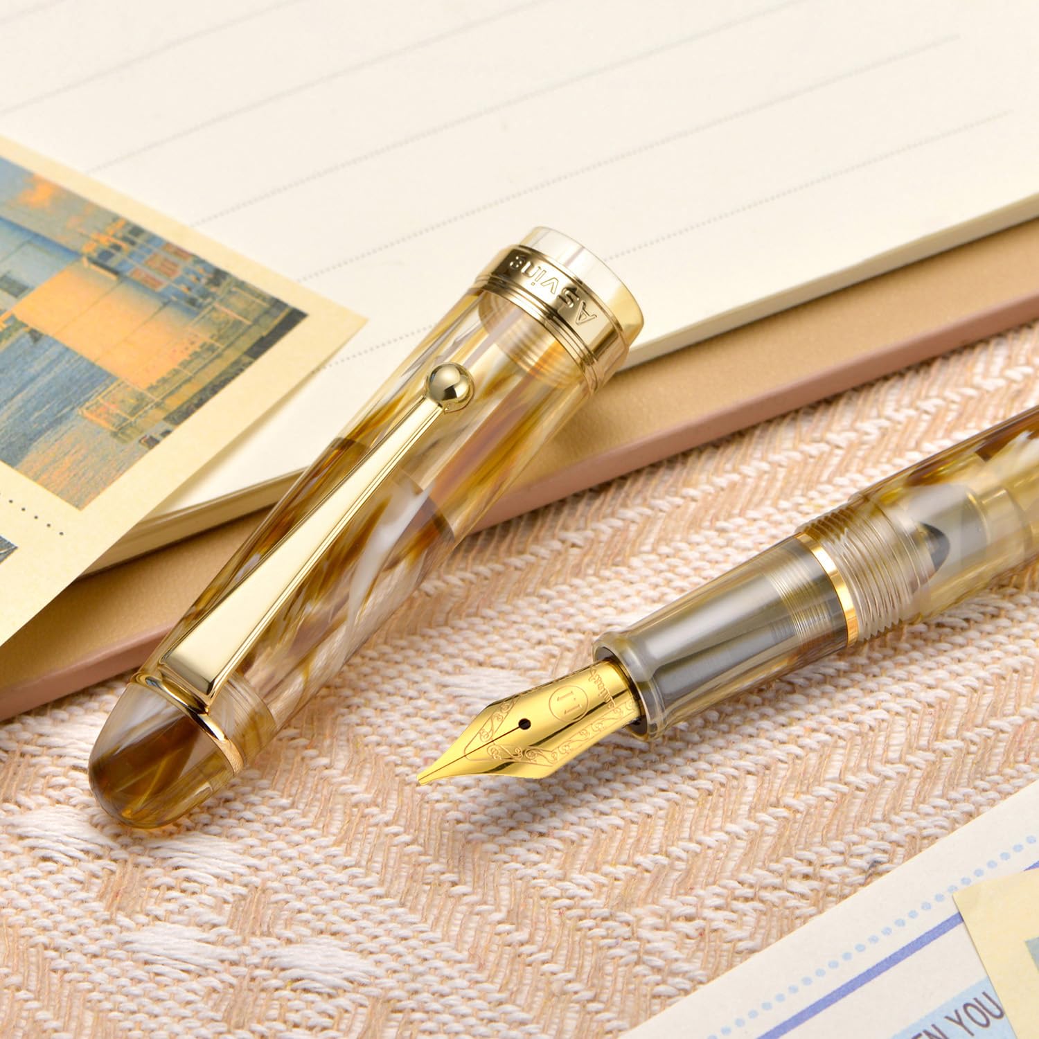Asvine V126 Vacuum Filling Fountain Pen, Brown Swirl Acrylic Stub Nib 1.1mm Calligraphy Art Drawing with Case Set - Image 3