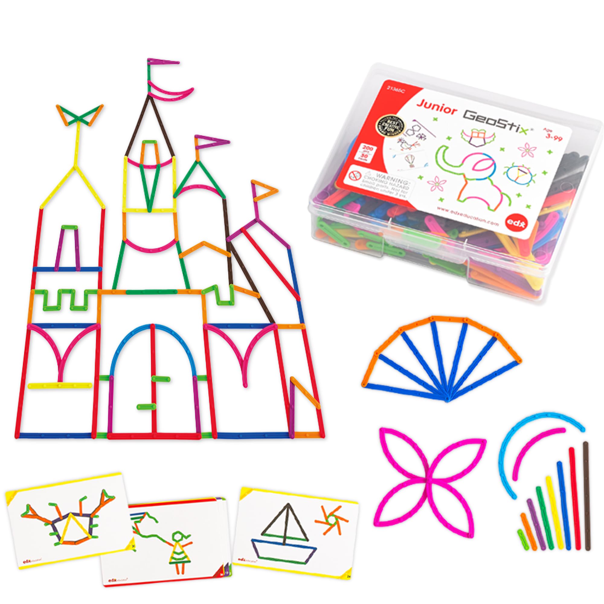 Edx Education GeoStix(ジオスティックス) 2D図形ブロックセット｜STEM/STEAM対応 知育玩具｜3歳以上推奨｜2Dパターンを作る｜全200ピース｜収納ケース・組立ガイド付