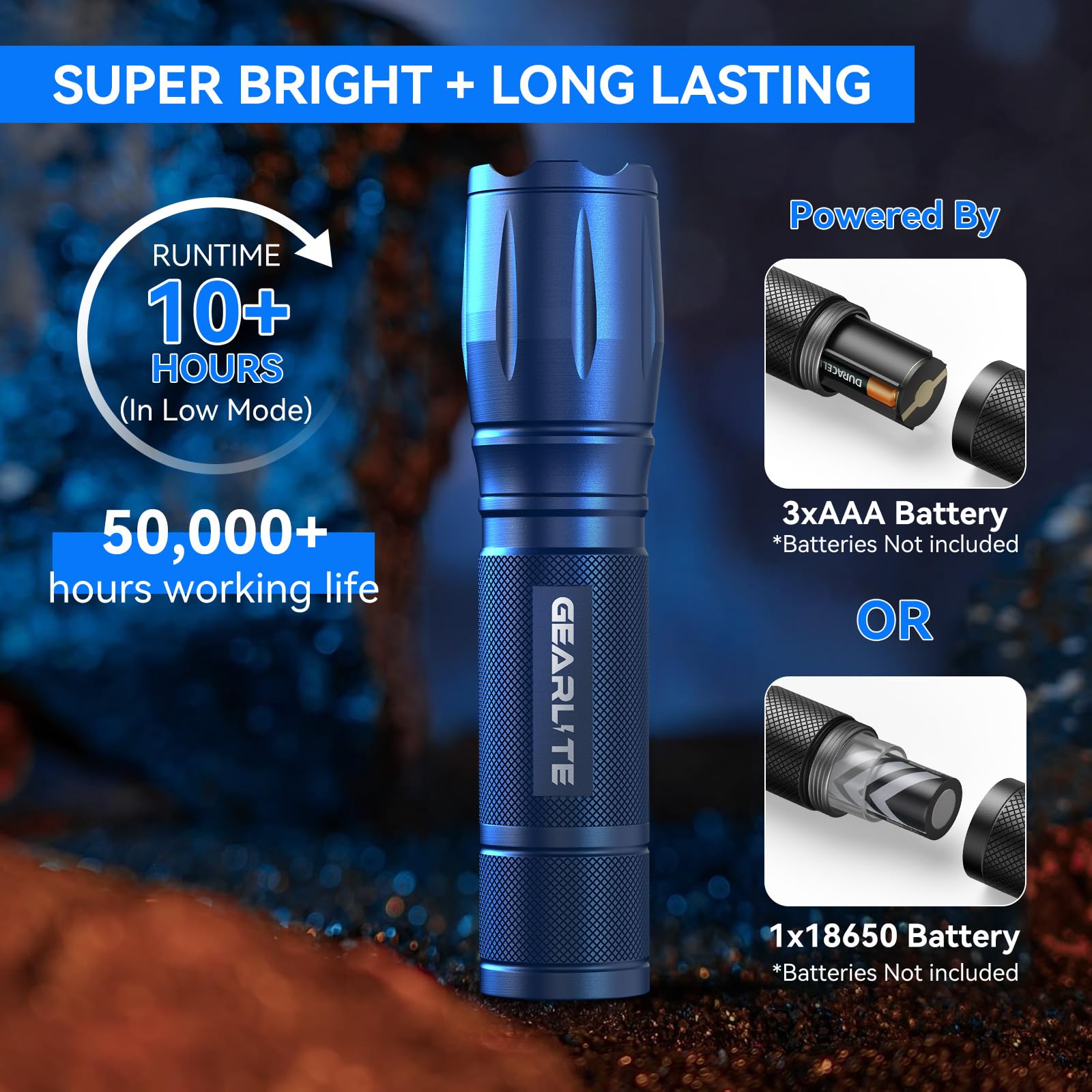 Lampe Torche Rechargeable GEARLITE 2 Pièces – Zoomable IP65, 150-200m Portée