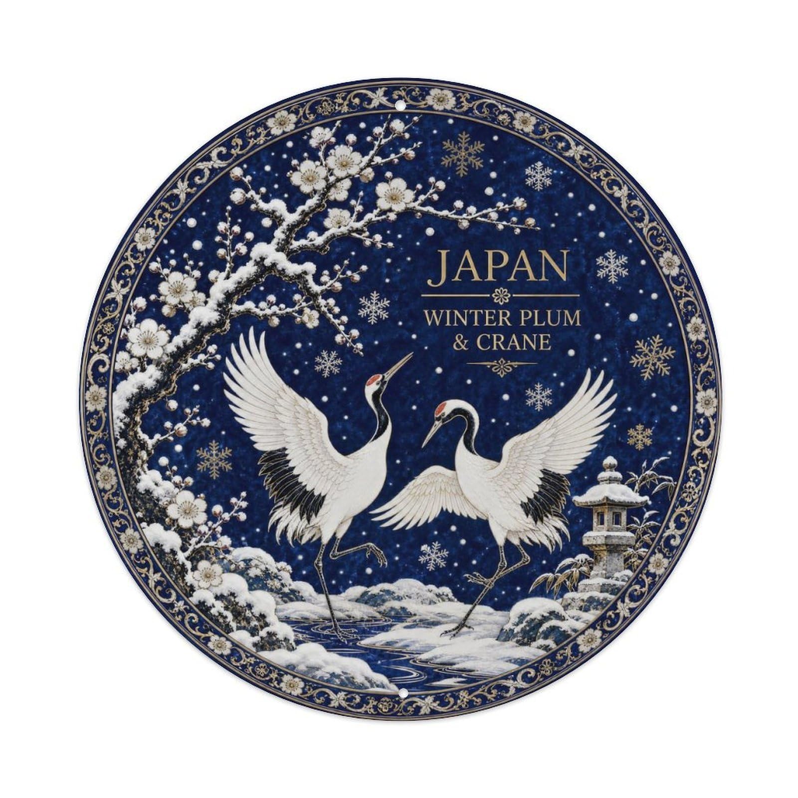 Olyhtr 8X8inch Classic Style Arita Japan Plum Crane Snow Ceramic Folk Pattern Metal Tin Sign