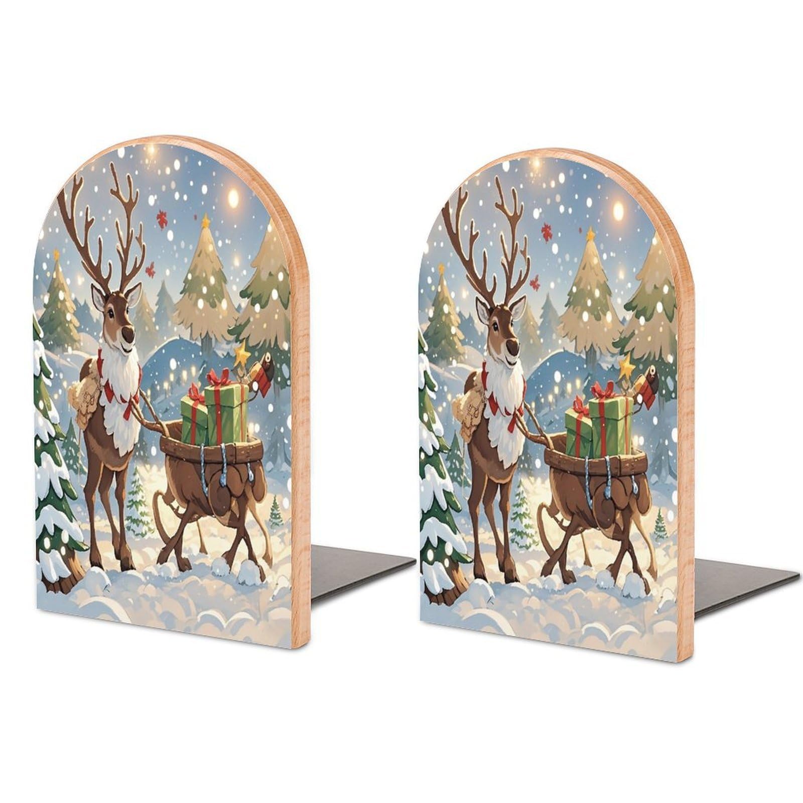 Reindeer Delivering Bookends 1 Pair Heavy Duty Book Ends for Shelves Non-Skid Bookend Supports Wooden Book Holders with Metal Base Desk Organizers Books Storage to Hold Books