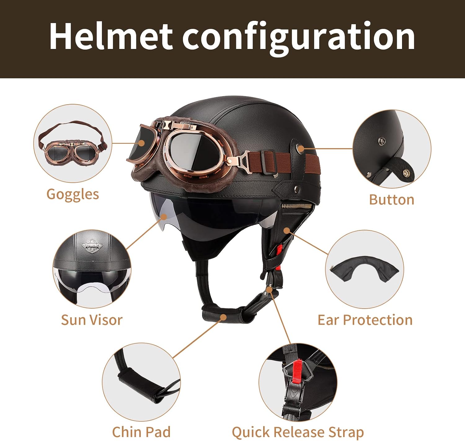 German Style Leather Motorcycle Half Helmet for Adults Men Women, DOT Approved Vintage Cap Half Face Shell Motorcycle Helmets for Cruiser Chopper+Goggles