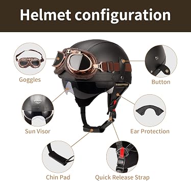 German Style Leather Motorcycle Half Helmet for Adults Men Women, DOT Approved Vintage Cap Half Face Shell Motorcycle Helmets for Cruiser Chopper+Goggles