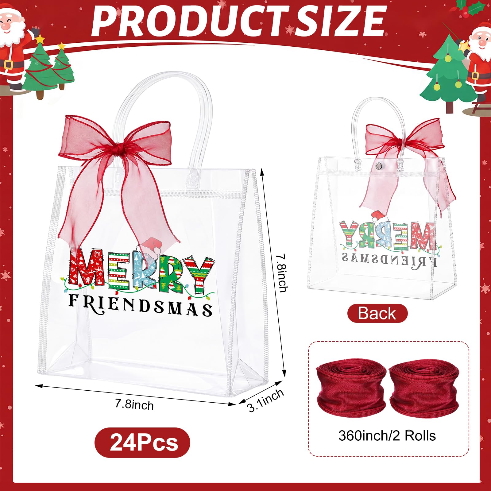 Cosblank 24 sacchetti regalo in PVC con scritta "Merry Friendsmas", trasparenti, con manico e rotolo di nastro, colore rosso e verde, per feste di compleanno