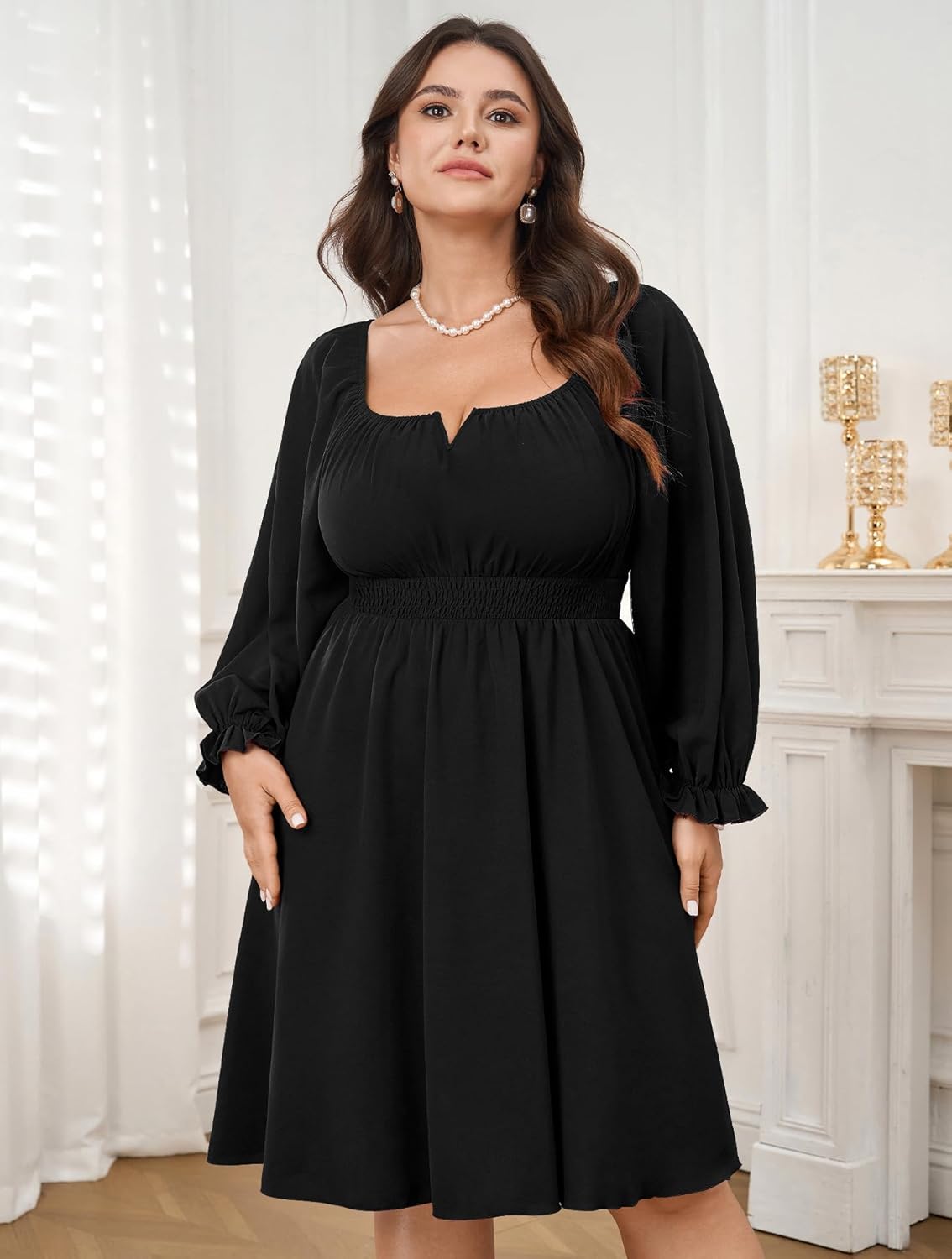 Womens Plus Size Cocktail Dress Fall Off Shoulder Long Sleeve Square Neck Smocked Waist Flowy A Line Short Dress - Image 8