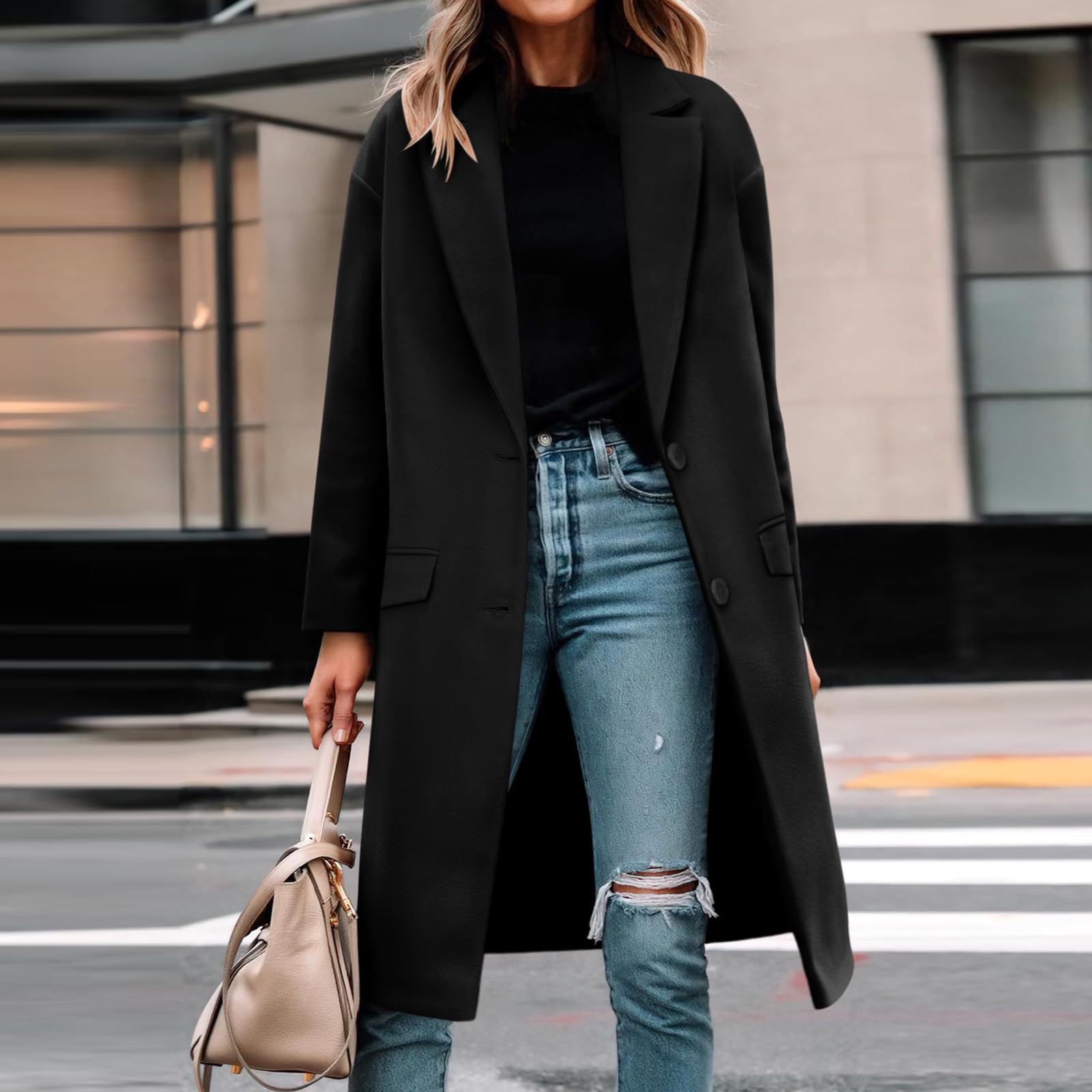 Generisch Trenchcoat Damen Lang Wollmantel Dicke Oversize Winterjacke Warm Elegant Damen-Jacken Umlegekragen Wintermantel Mit Knöpfen Übergangsjacke Einfarbig Wolljacke Frauen Langarm Mantel