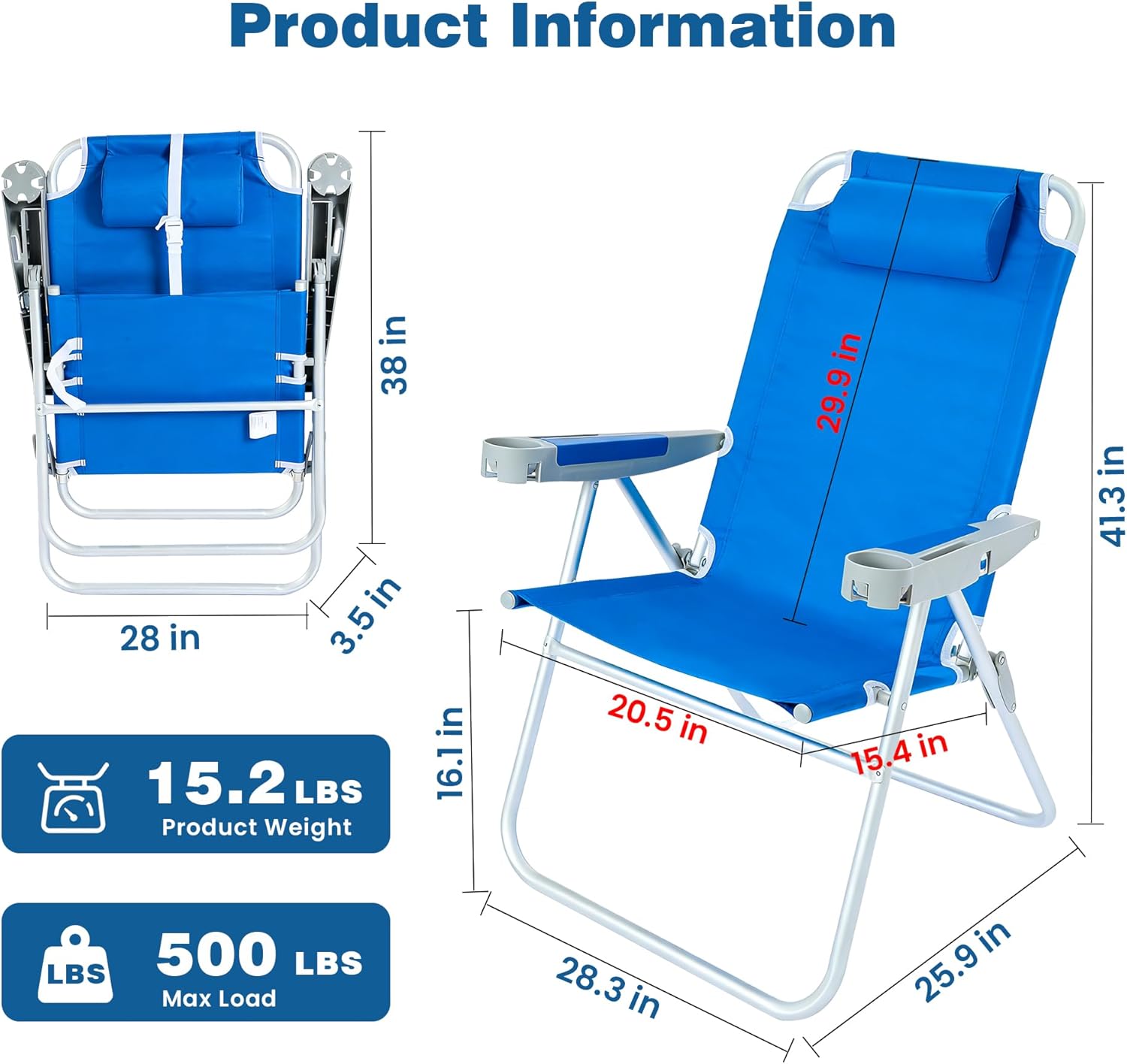 SUNNYFEEL Oversized Tall Folding Beach Chair Lightweight, 17 Portable Sand Chair for Adults Heavy Duty 500 LBS with Cup Holders, Foldable High Camping Lawn Chairs for Camp/Outdoor/Picnic/Sports