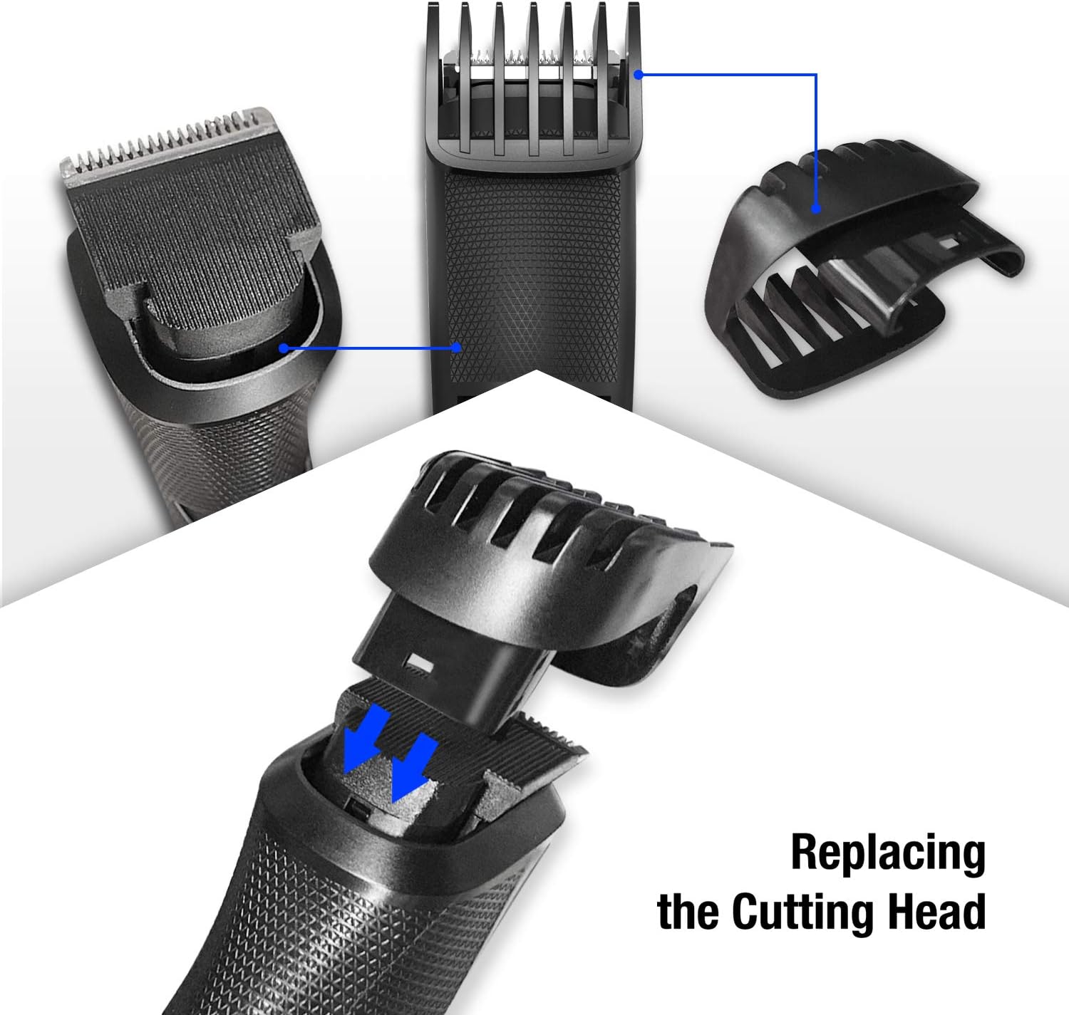 Diagram showing how to detach and reattach the cutting head of the PRITECH trimmer for cleaning or replacement.