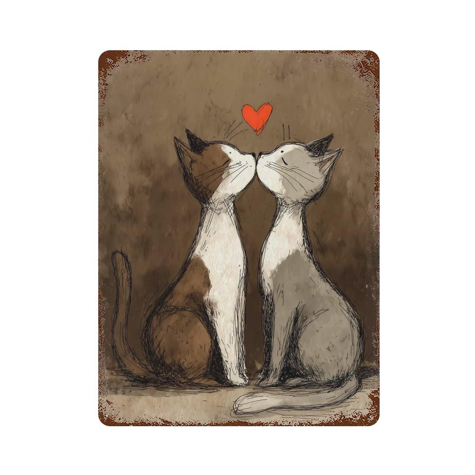 Garage Style Two Cats Kissing with A Heart Distressed Metal Wall Sign 15.7"x11.8", Rustic Home Decor for Bar And Workshop