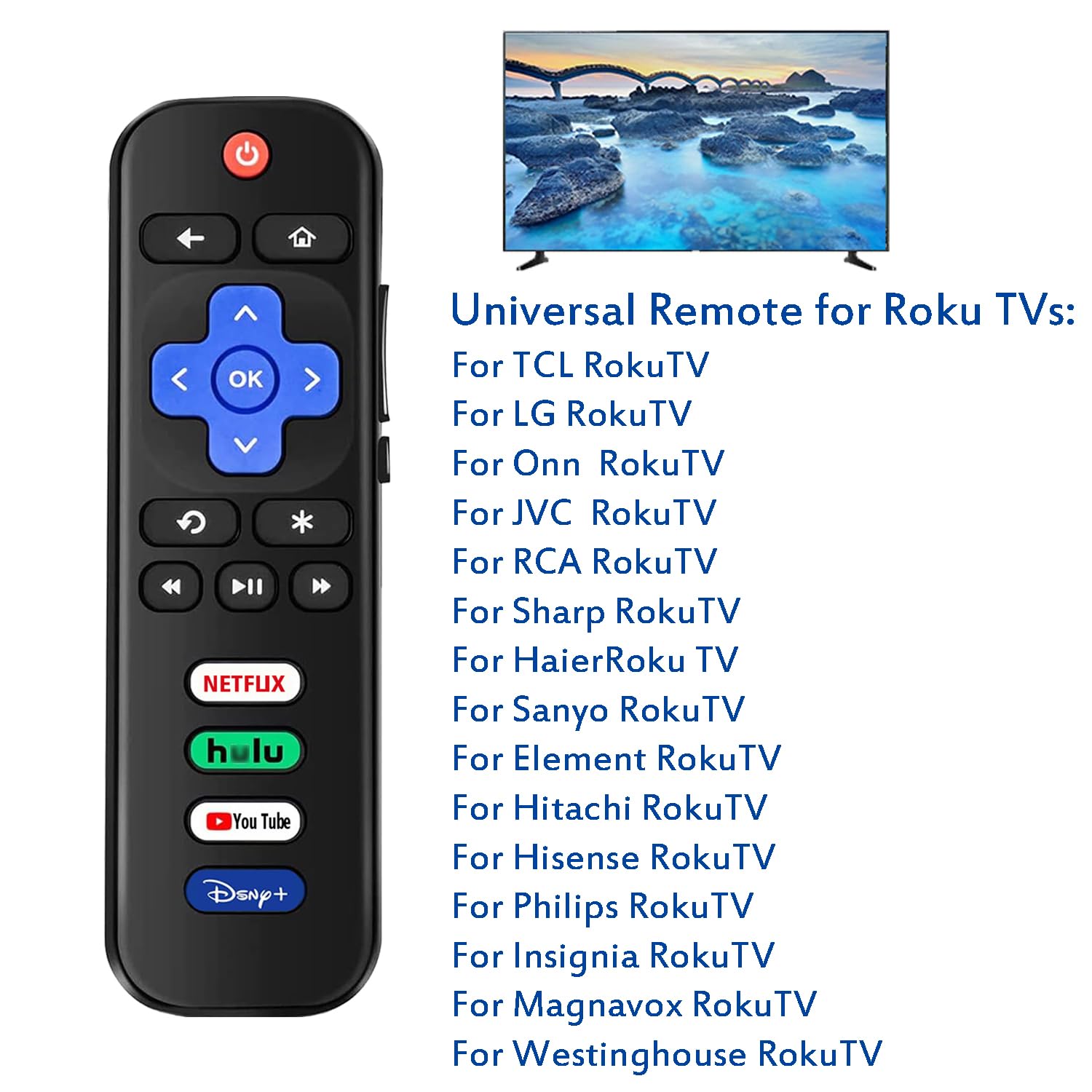 Uniwersalny pilot zastępczy do telewizora Roku, kompatybilny z telewizorami TCL/Onn/Hisense/Philips/Sharp/Westinghouse/Insignia itp. R0KU (nie do RokuStick i Box)