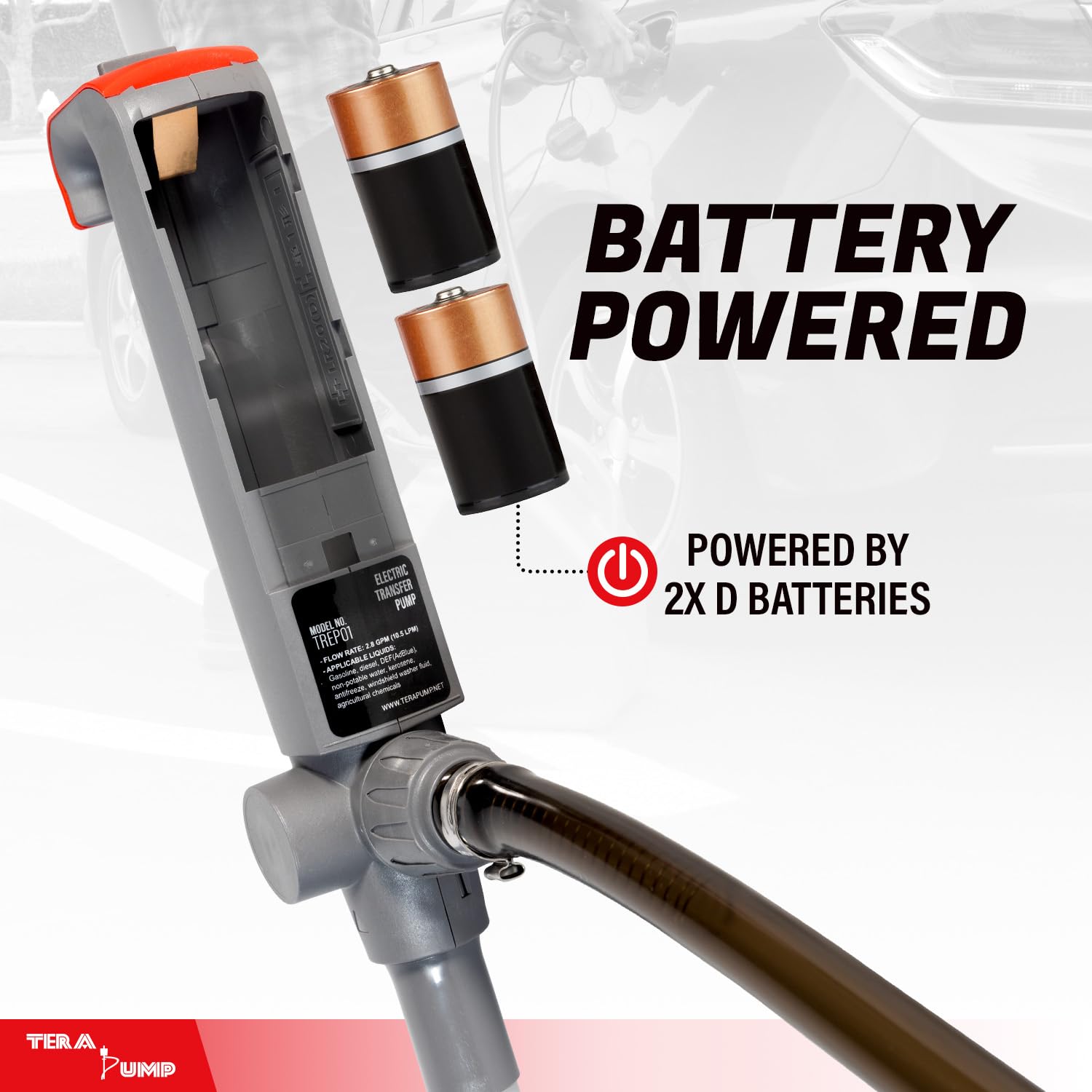 TERA PUMP Pompe à transfert rapide avec poignée de déclenchement et tuyau en vinyle de 100 cm – Débit maximal de 2,8 GPM – Alimenté par piles (2D)