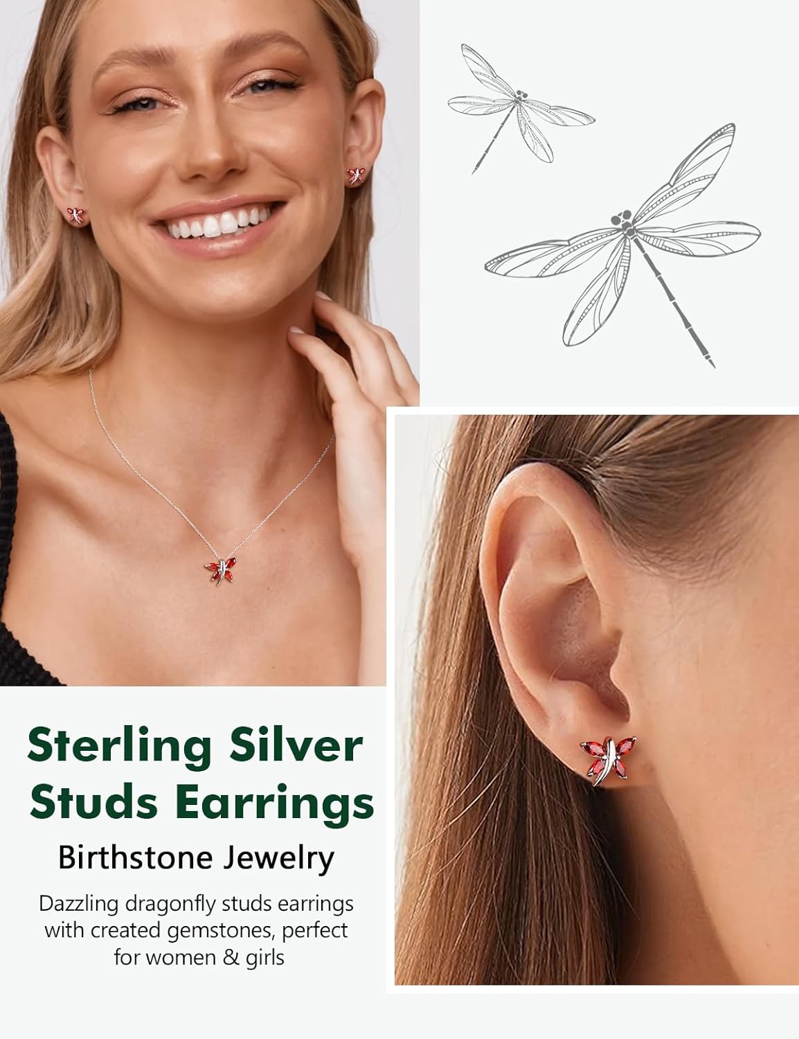 925 Sterling Silver Dragonfly Stud Earrings for Women Trendy Dainty Cute Earrings Ruby/Sapphire/Emerald Gemstone Studs Birthstone Anniversary Jewelry