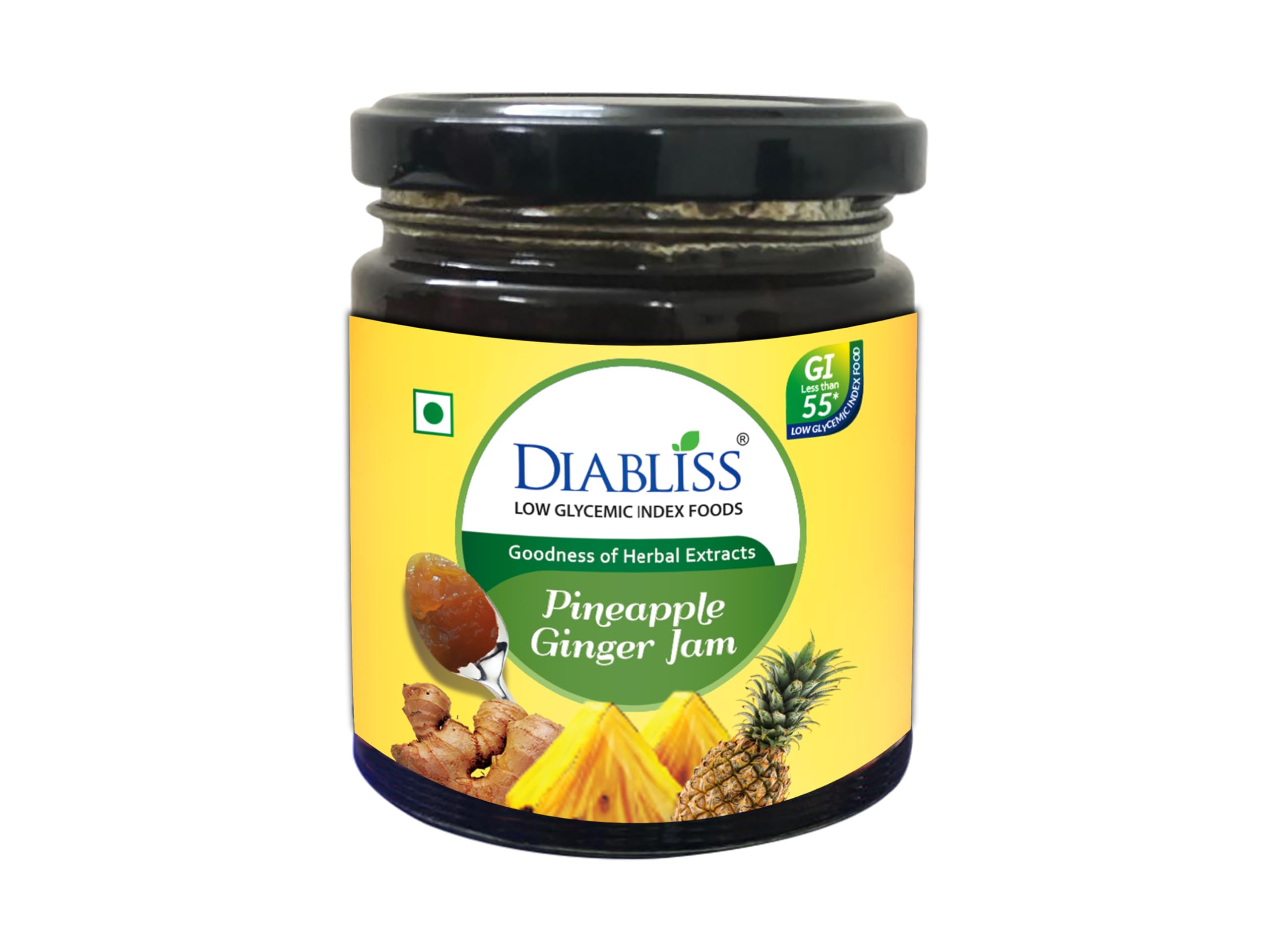 Diabliss Low GI Pineapple Ginger Jam – Fresh Fruits & Diabliss Low GI Sugar with 17 Herbs | Glucose Friendly Spread for Toast & Chapathi | Healthy Natural Taste | Trusted in 3 Continents | 225g Bottle
