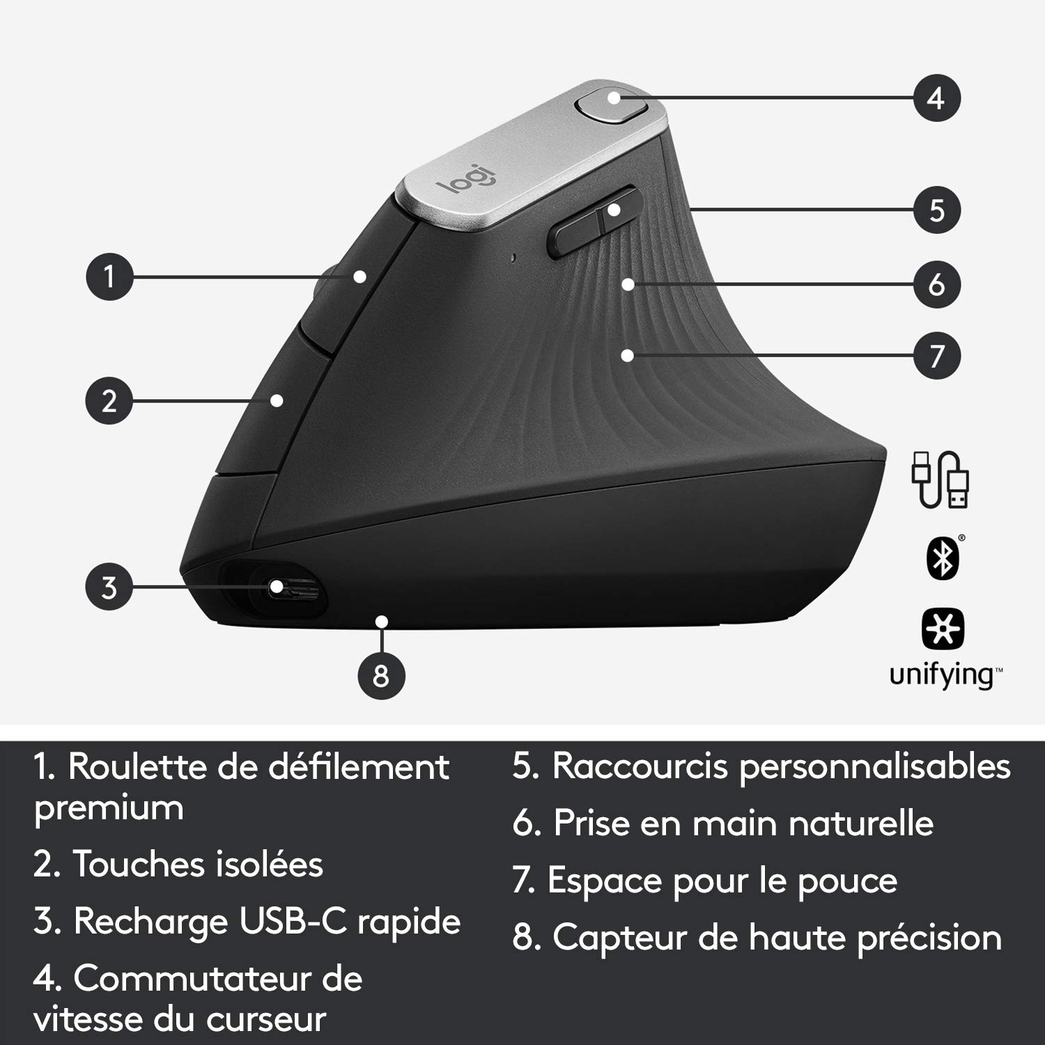 Logitech MX Vertical Souris Ergonomique sans Fil, Multi-Dispositifs, Bluetooth ou 2,4 GHz avec Récepteur USB Unifying, Suivi Optique 4000 PPP, 4 Boutons, Charge Rapide,Portable/PC/Mac/iPad OS-Graphite