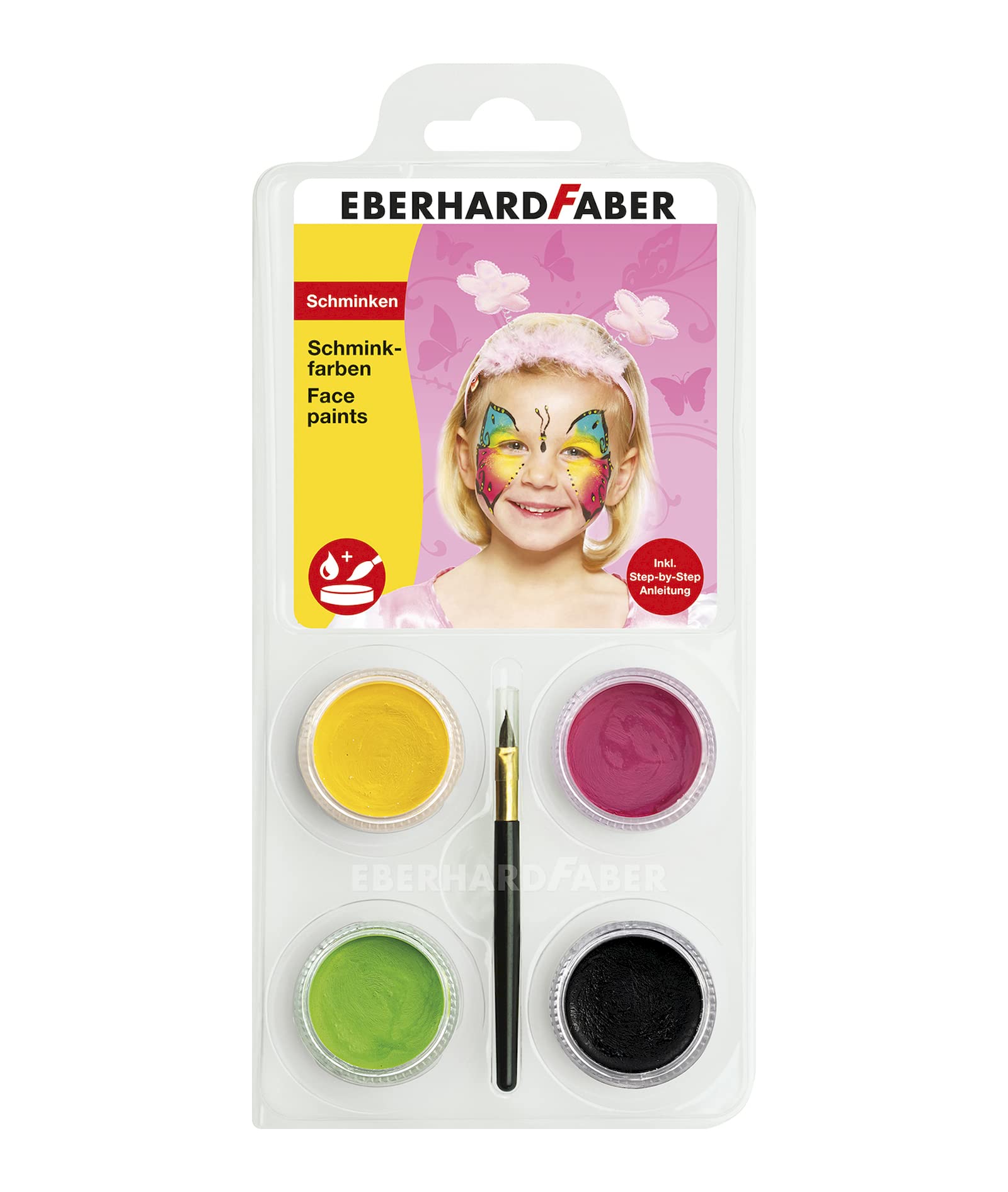 Eberhard Faber 579022 - Kinderschminke Set Schmetterling, 4 Schminkfarben mit Pinsel und Anleitung