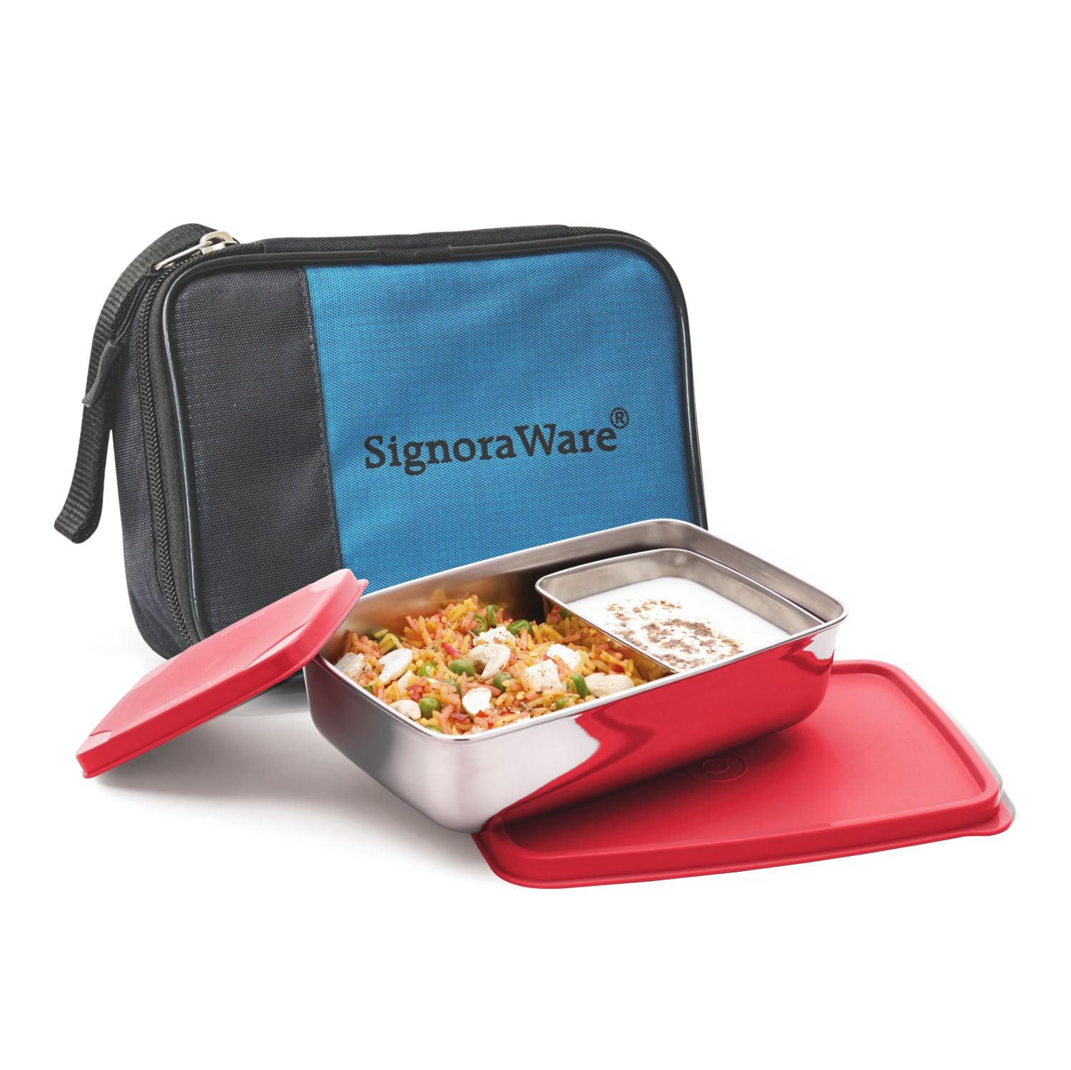 Signora Ware Compact Stainless Steel Big Lunch Box with Bag | Two Compartment Tiffin | Airtight & Leakproof | Useful for Travelling & Outdoors | Best for Office & School Use (850Ml + 150Ml | Red)