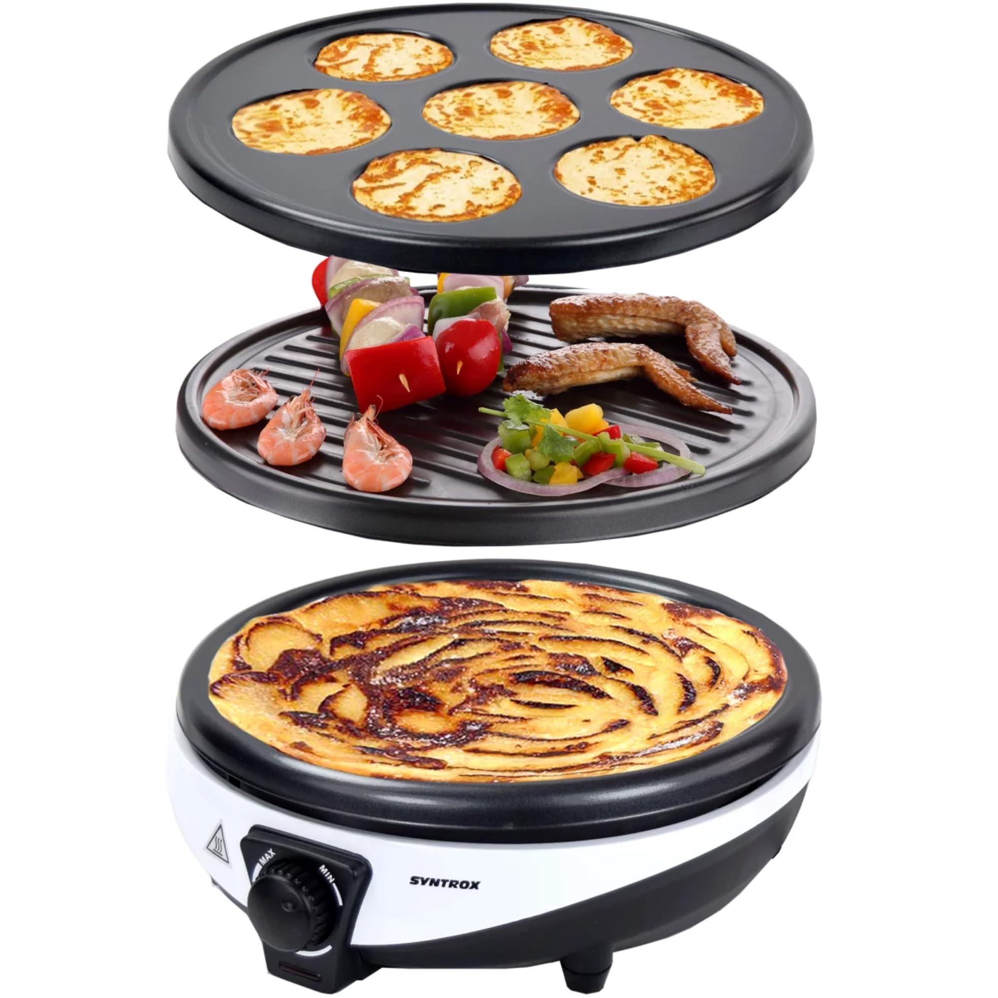 Syntrox Germany 3 in 1 Crepes Maker Pfannkuchen Eierkuchen Elektrogrill Zephir, Mixcaker, Crepespfanne, Pancakepfanne, leichte Reinigung, 1000 Watt Leistung, 30 cm Durchmesser