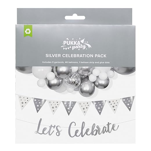Silver Celebrations Pack – Includes 46 Latex Balloons, Arch Strip, Stitched Garland, and 6.5 Foot Pennant Stitch Bunting for Birthdays, Showers, Holidays, and Other Occasions