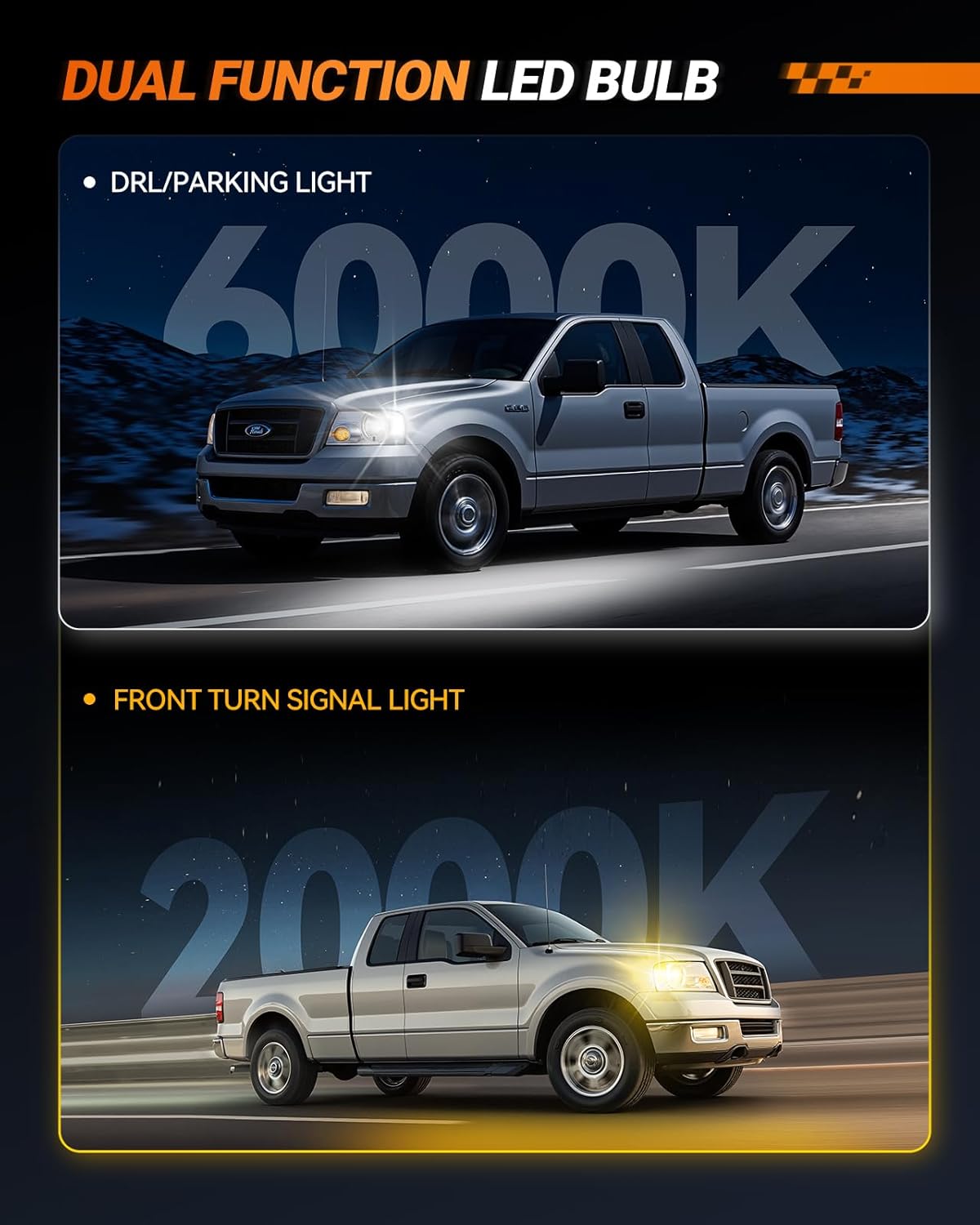 SEALIGHT 7443 Switchback LED Bulb Dual Color 7440 7444NA T20 7444 7441 W21W 992 LED Amber for Front Turn Signal Lights, White for DRL/Parking Lights with Extra Resistor (Pack of 2)