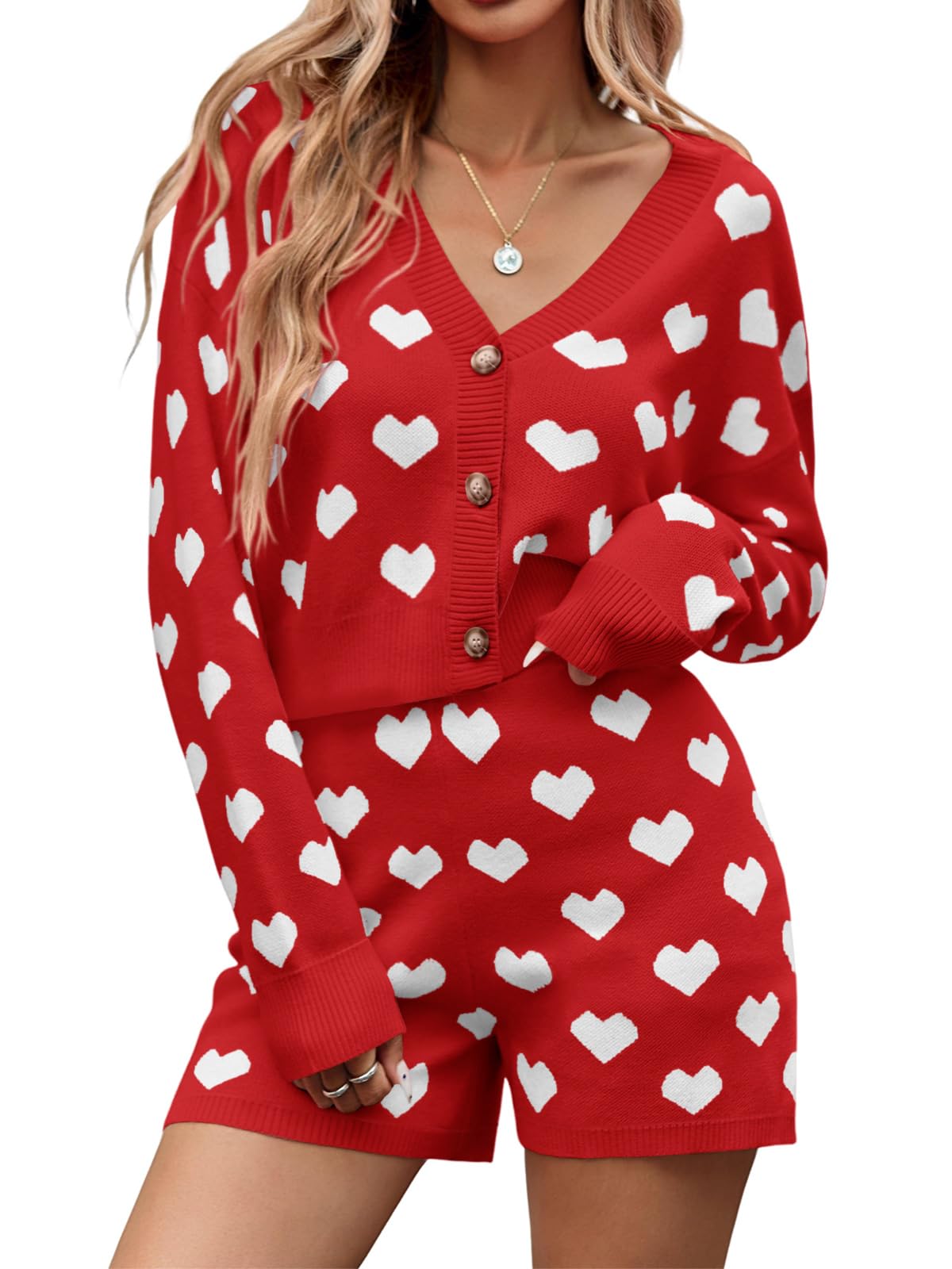 Tankaneo Womens Valentines Day Sweater Sets Heart Knit Long Sleeve Cropped Cardigan and Shorts 2 Piece Outfits