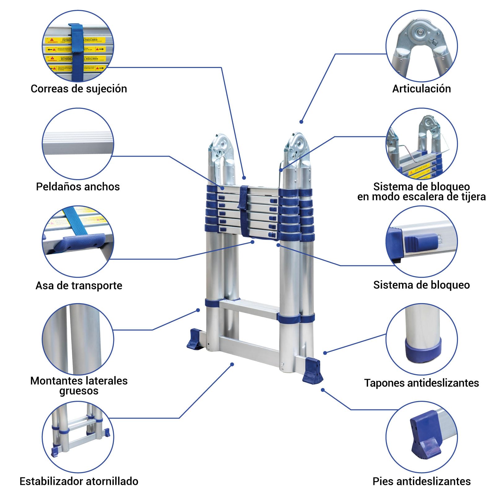 HOSTRÖM Escalera telescópica articulada 4,4 m STEMPAKT, Escalera de 2 x 7 peldaños Plegable Profesional multifunción, H MAX Trabajo 5,3 m, garantía de 5 años.