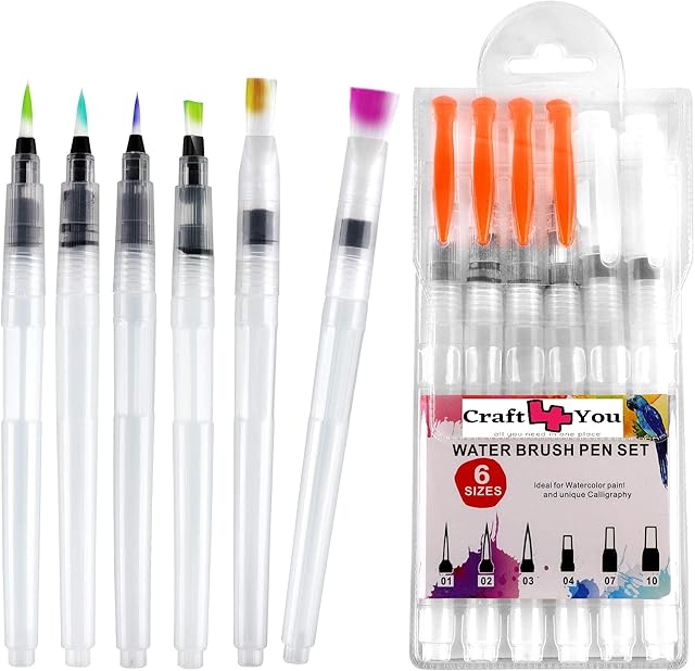 6 Sizes Refillable Watercolour Brush Pen Set - Water Colour Painting Drawing School Office Brushes Pens (Orange)