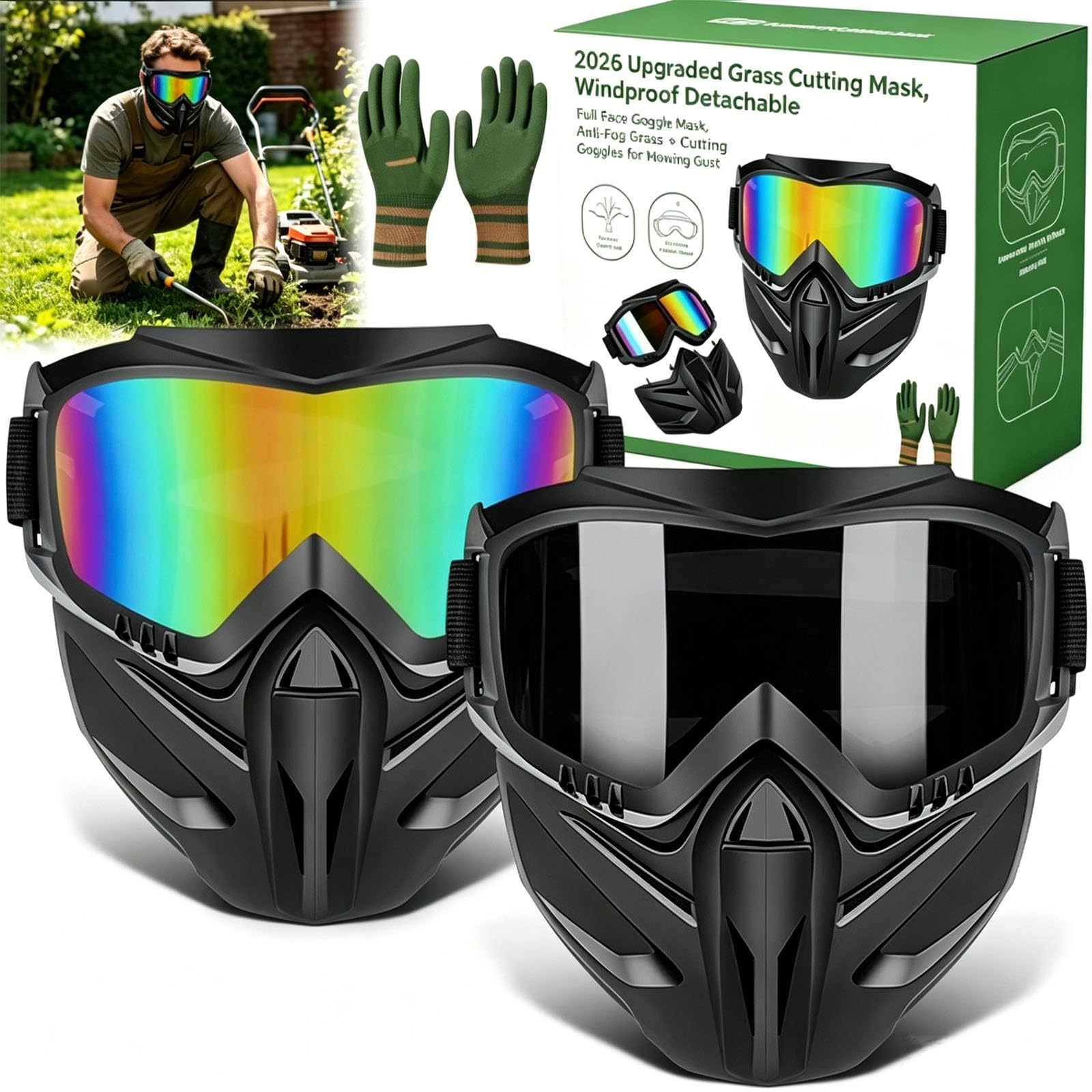 ELMVAR 2026 New Full-Face Safety Goggles with Wide Vision Protection, Anti Fog Detachable Full Face Goggle Mask, Grass Cutting Mask for Welding, Riding (1,B)