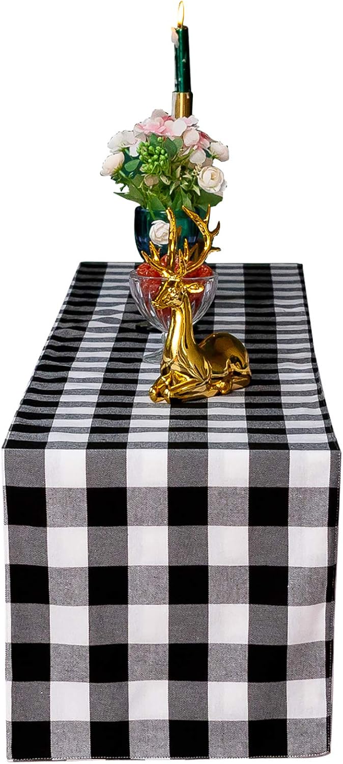Christmas Table Runner Black-White Buffalo Plaid Cotton Blend Table Runner Xmas Table Decor for Family Dinner, Outdoor or Indoor Parties, Thanksgiving, Christmas & Gathering, 12.9x70.86 inch