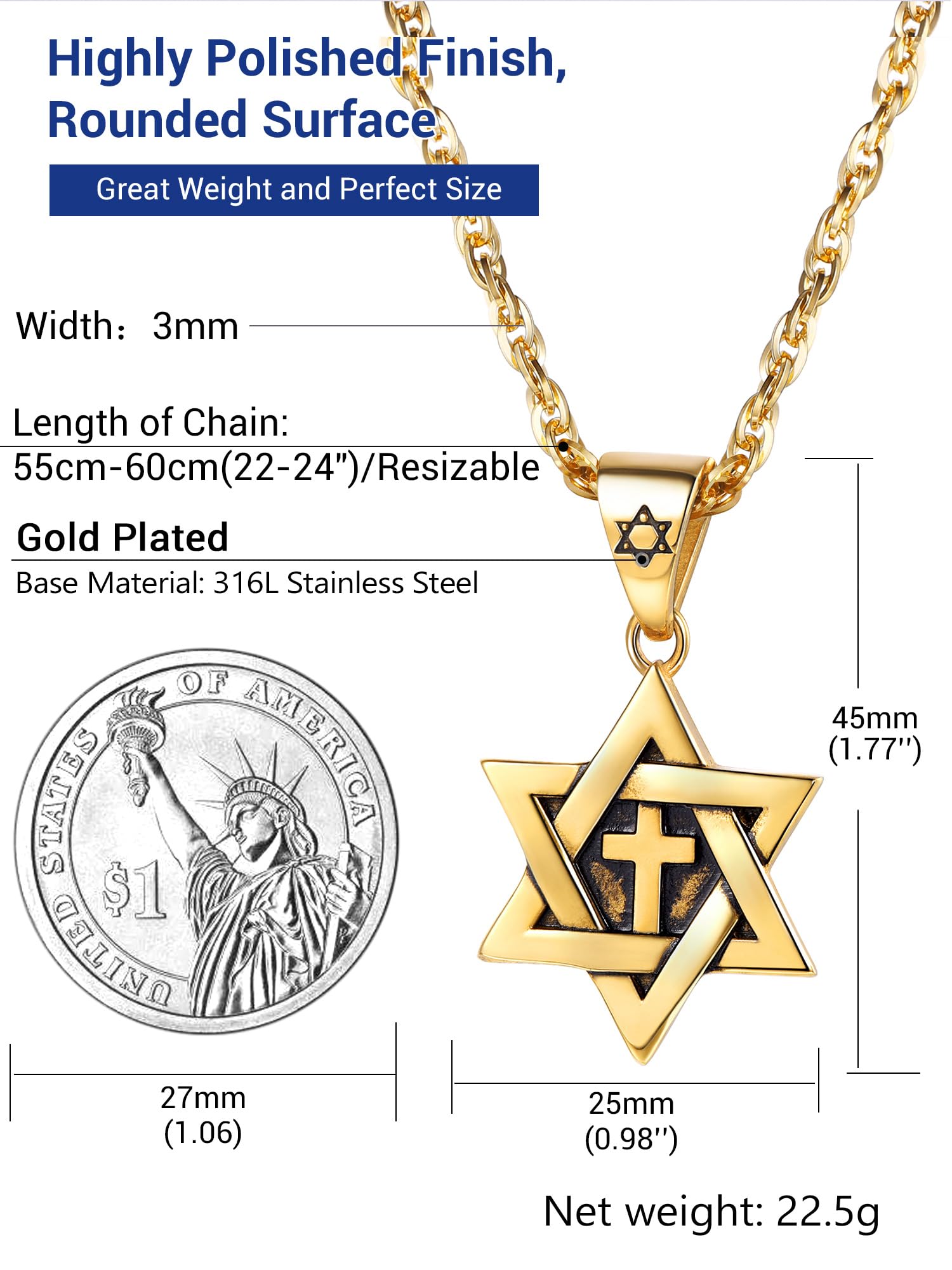 PROSTEEL Collier Homme Magen David en Acier Inoxydable/Plaqué Or, Pendentif Étoile de David Amulette Judaïque