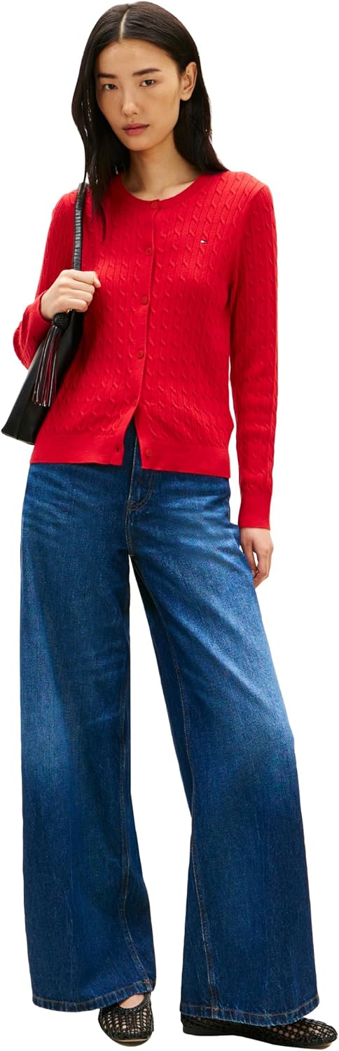 Tommy Hilfiger Women's Cable Knit Crew Neck Cardigan Sweater Long Sleeve Button Down Sweater