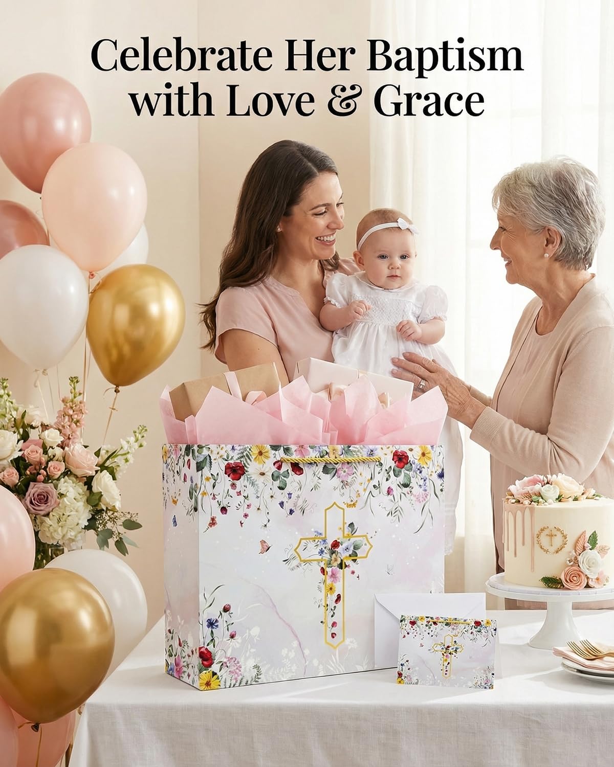 GFInYHM 13" Wildfloral Gold Cross Gift Bag Set with Greeting Card and Tissue Papers for First Communions, Baby Boy Girl Baptisms, Christenings, Wedding, Religious Occasions