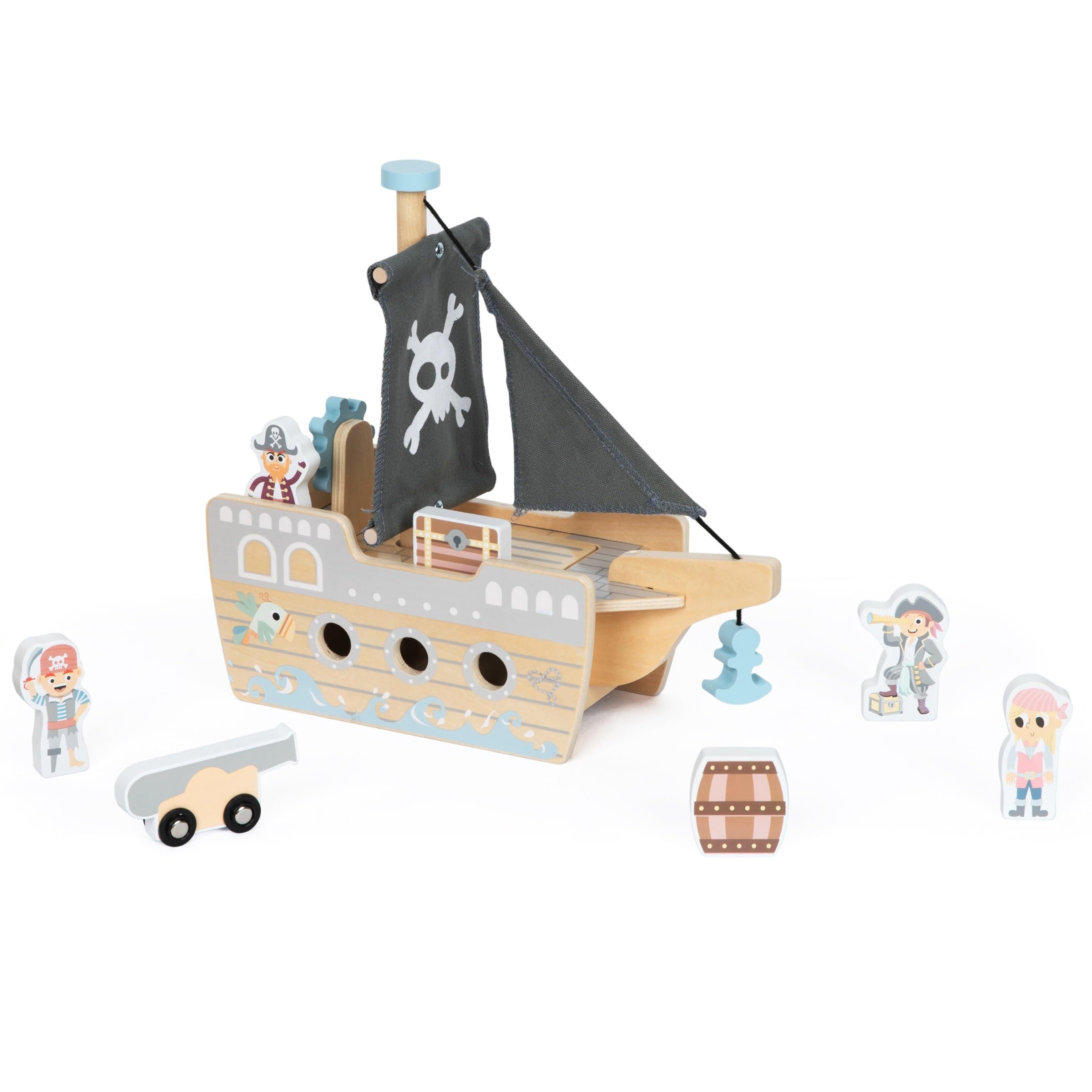 mamabrum Nave Pirata in Legno per Bambini dai 3 Anni in su, Nave Giocattolo con Ponte Apribile e Accessori Inclusi, Nave Pirata Giocattolo con Figure di Pirati