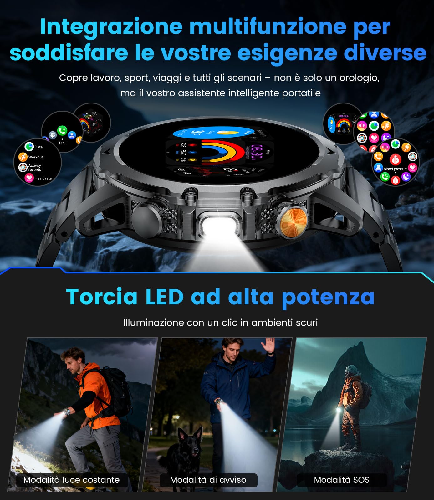 Smartwatch Uomo Militare con 1000mAh/Torcia LED/2 Cinghie, 1.53"HD Smart Watch Orologio con Chiamate, 120+ Modalità Sportive, Cardiofrequenzimetro Sonno, IP68 Smart Watch per Android iOS Nero