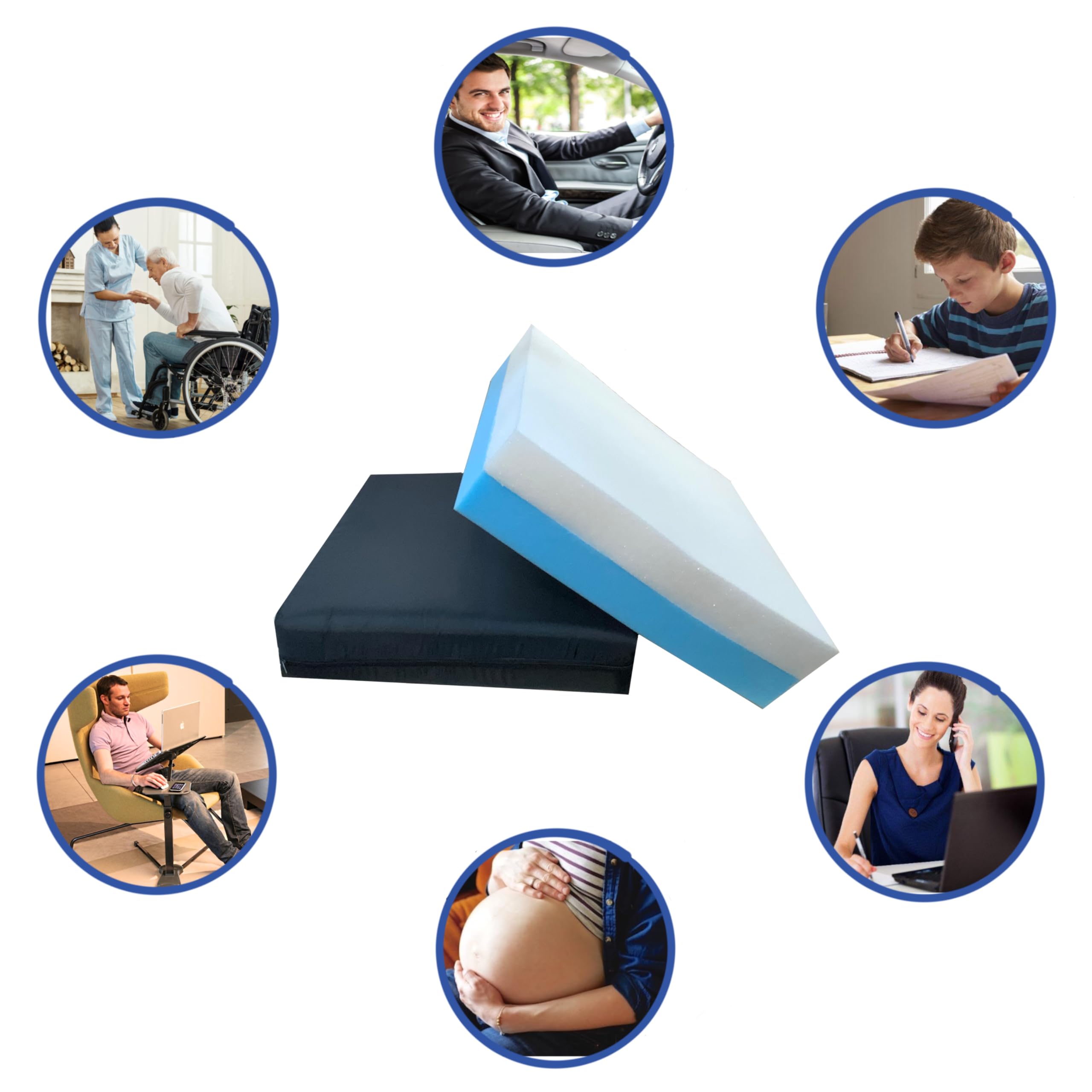 Cuscino antidecubito misto per sedia a rotelle - Ortopedico per coccige e zona lombare con rivestimento impermeabile e traspirante, imbottito con schiuma viscoelastica e HR Comfort.