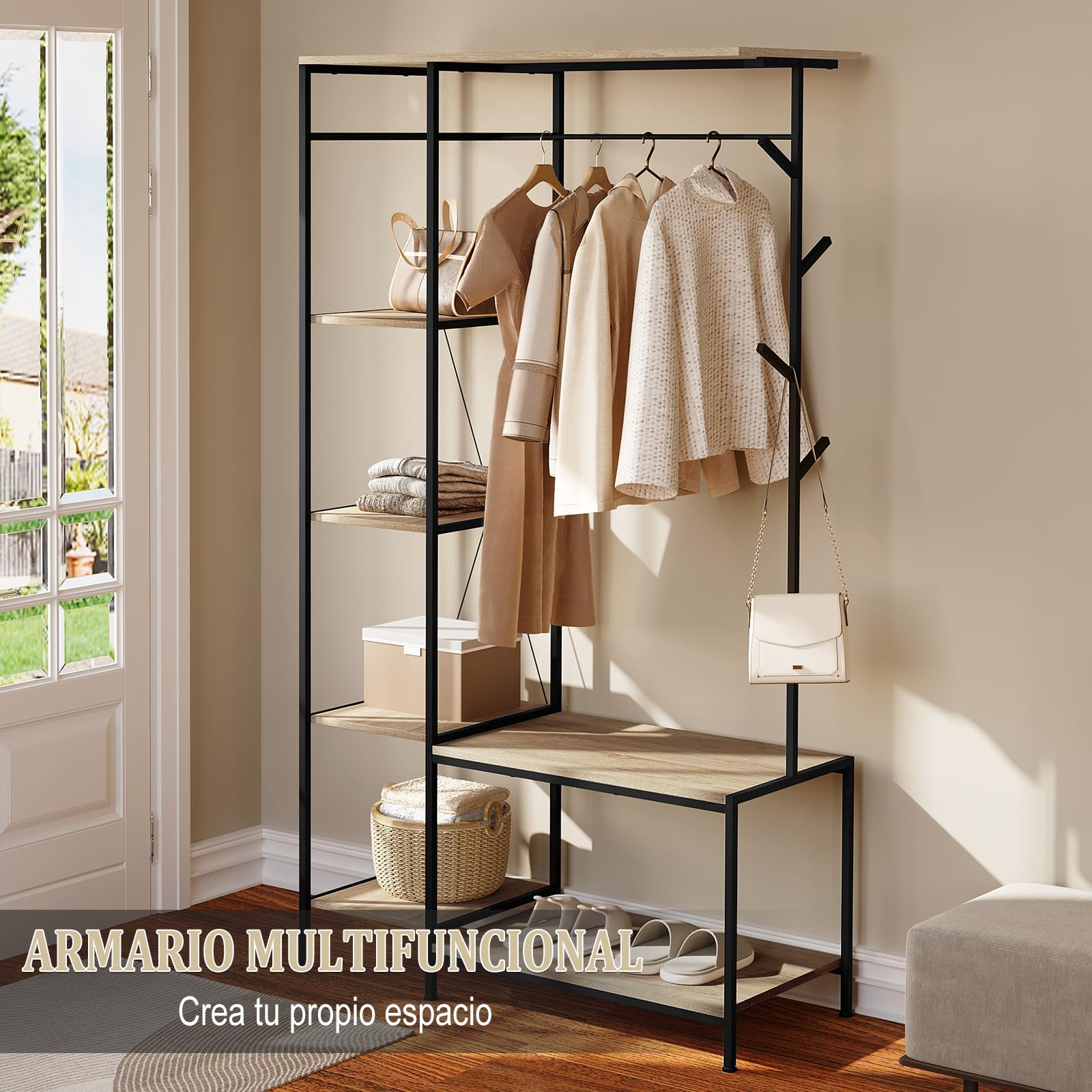 eSituro Perchero con banco 3 en 1, 4 estantes, 4 ganchos, para pasillo, oficina, dormitorio, 100 x 40 x 175 cm, roble claro y negro SGR0150