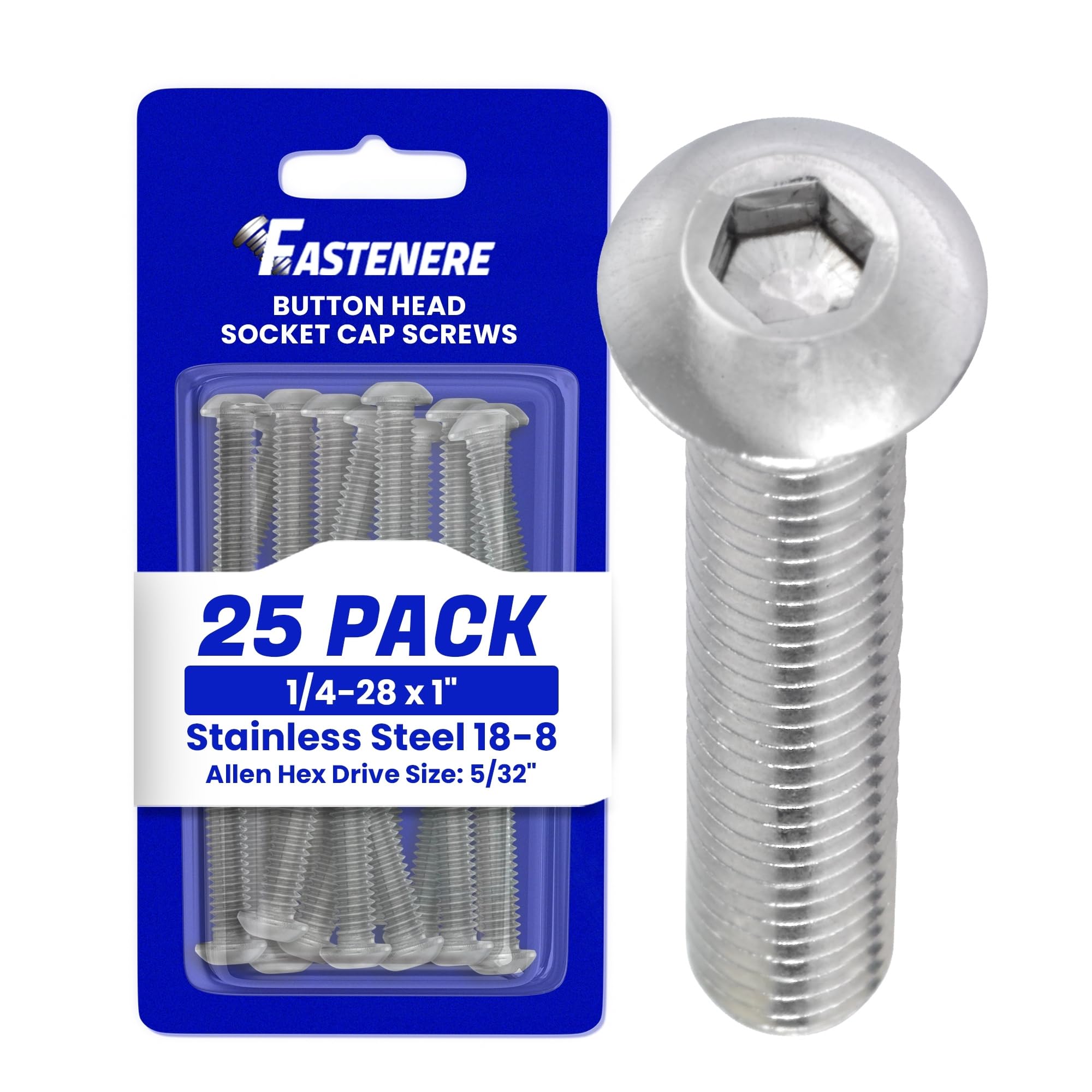 Fastenere Button Head Socket Cap Screws - 1/4-28 x 1 (25 Pack) Stainless Steel 18-8, Full Thread, Bright Plain Finish, Corrosion-Resistant, Machine