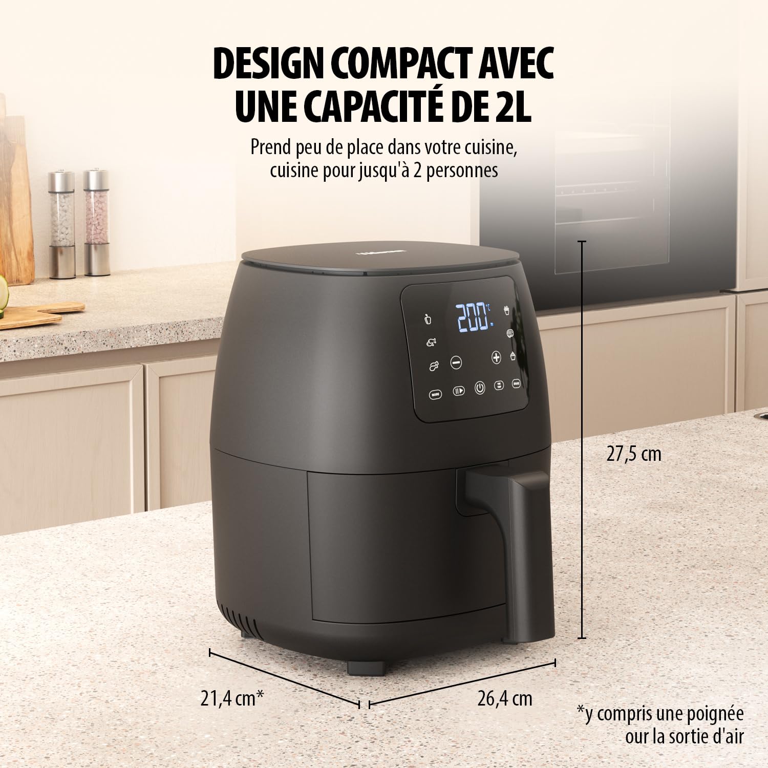Tristar Mini Friteuse à air numérique - Sans huile - 6 programmes de cuisson - Revêtement antiadhésif - Thermostat réglable - 2L - 1500W - FR-9015, Noire