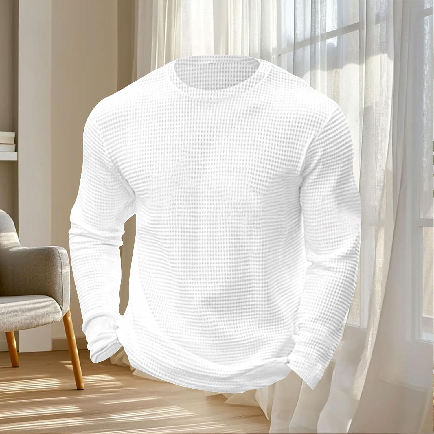 Mens Waffle Knit Athletic Shirts Performance Workout Gym T-Shirts Long Sleeve Crewneck Quick Dry Tees Breathable Basic Top