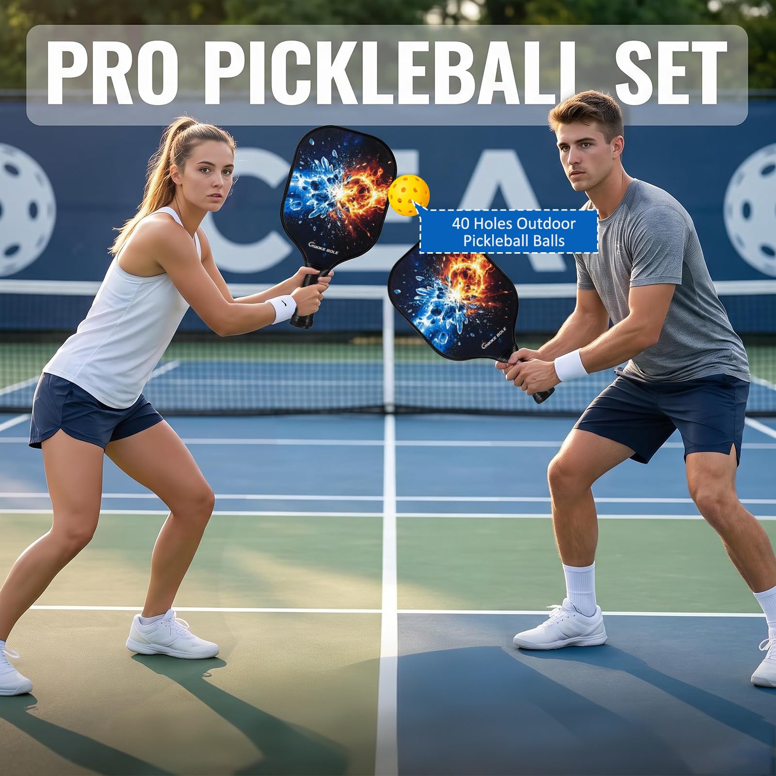 Set di 2 racchette da pickleball, in fibra di vetro, colore nero
