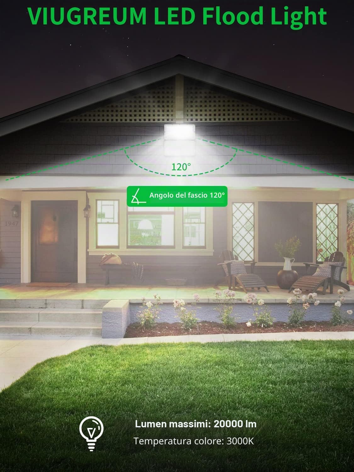 Viugreum Faretto LED da Esterno 200W, IP66 Resistente all'acqua, Luce di Sicurezza 20000LM, 6500K Bianco Freddo, Super Luminoso per Giardino
